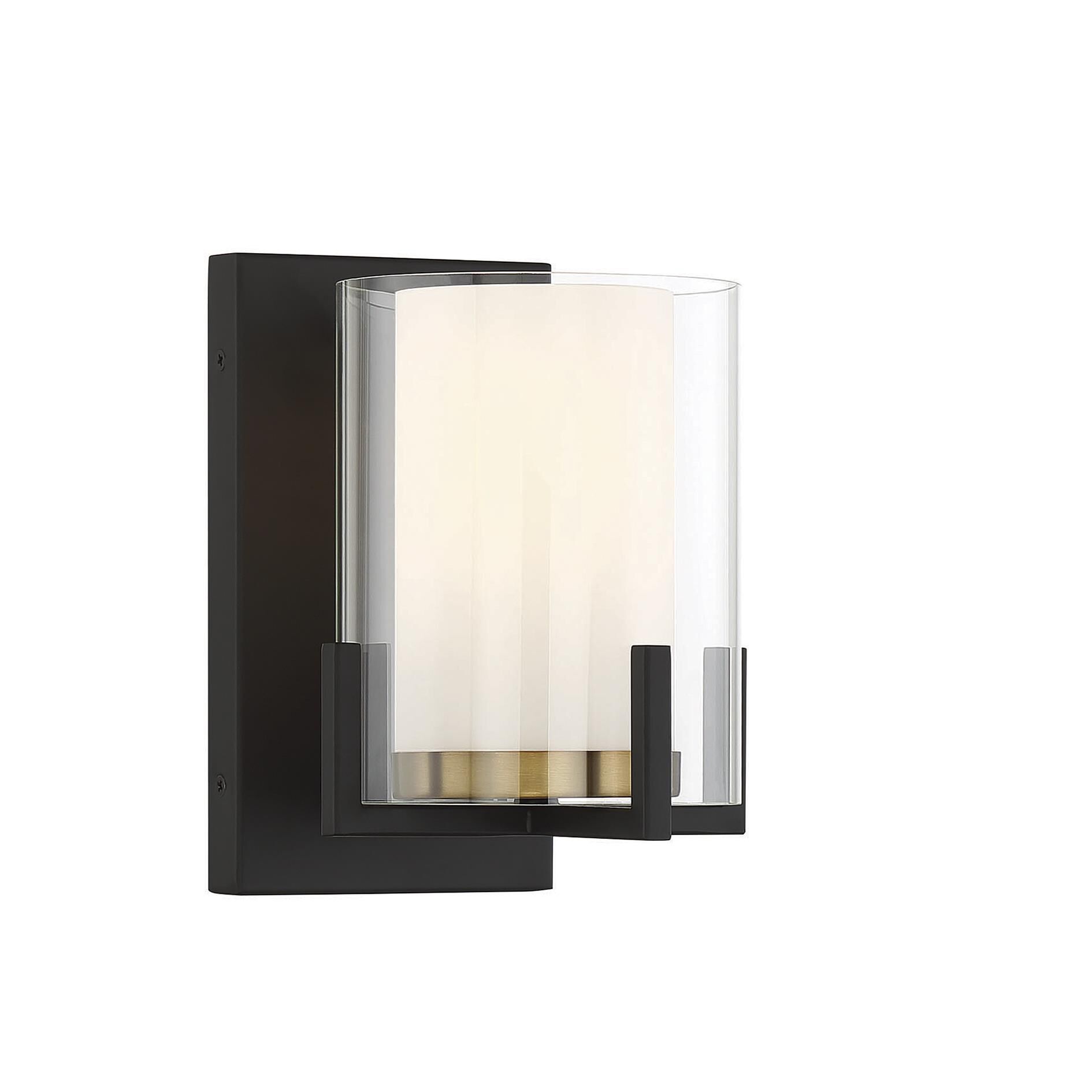 Shown in Matte Black With Warm Brass Accents finish and Clear Outer , White Opal Chimney glass and Glass shade