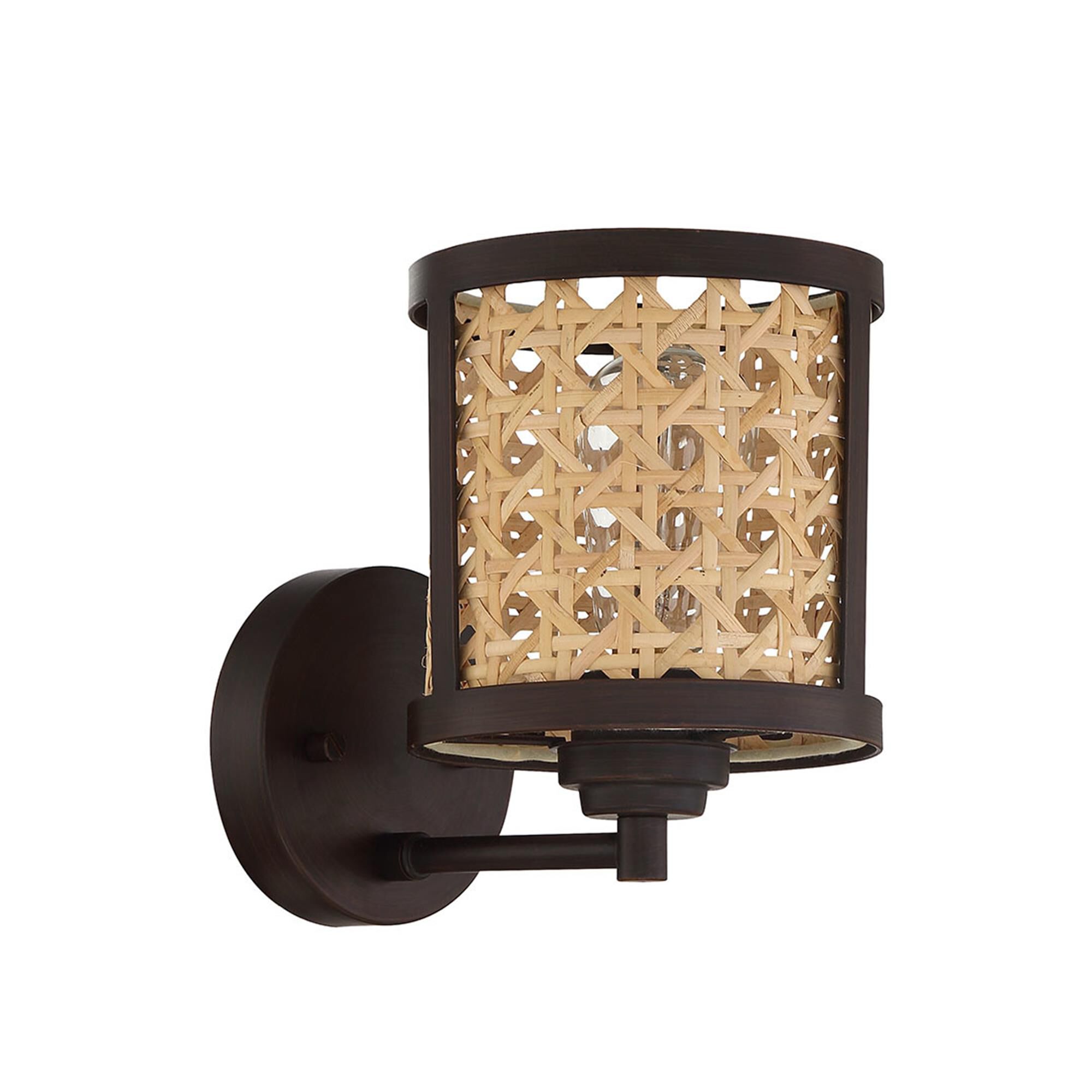 Shown in Aged Bronze Brushed finish and Natural glass and Rattan shade
