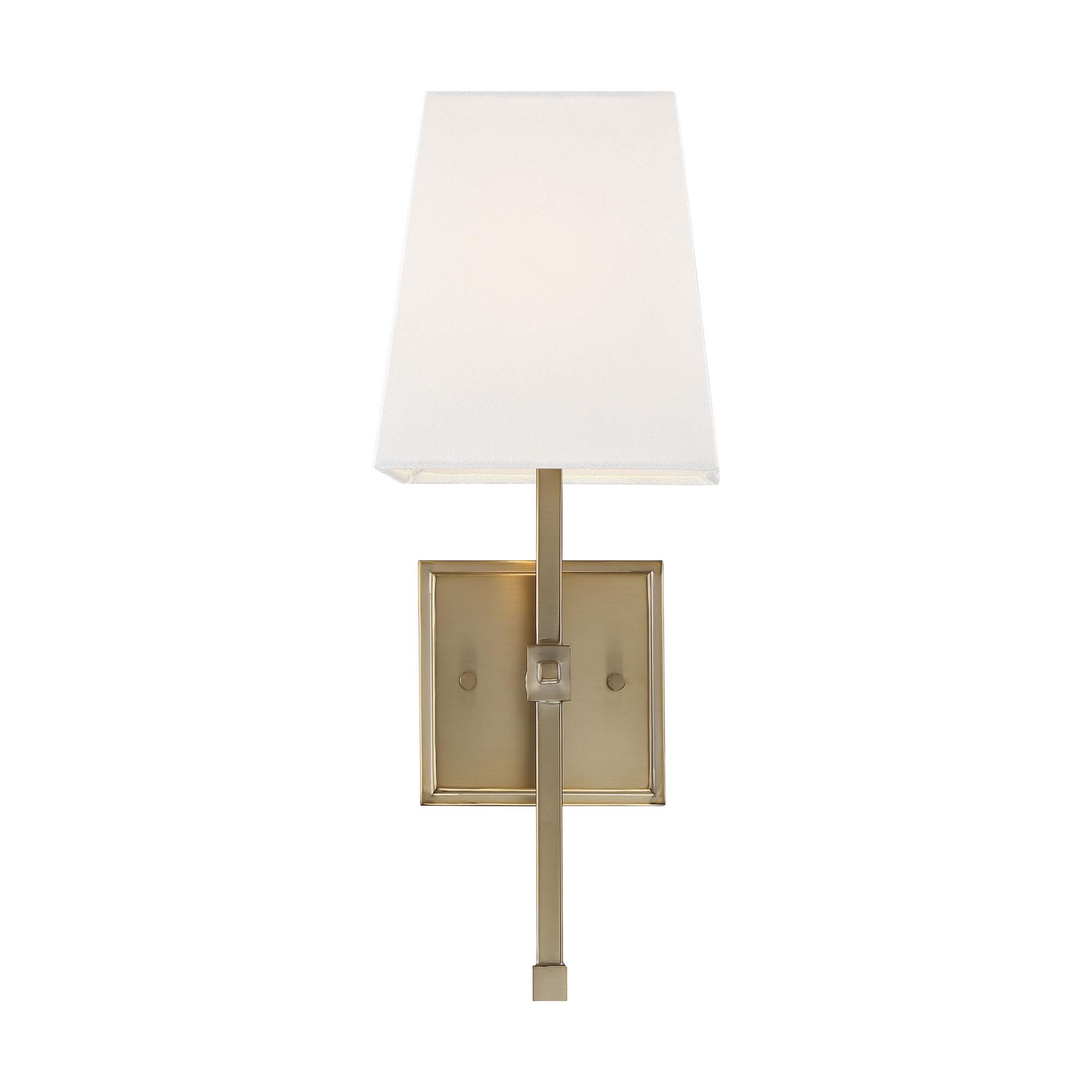 Shown in Burnished Brass finish and White Linen shade
