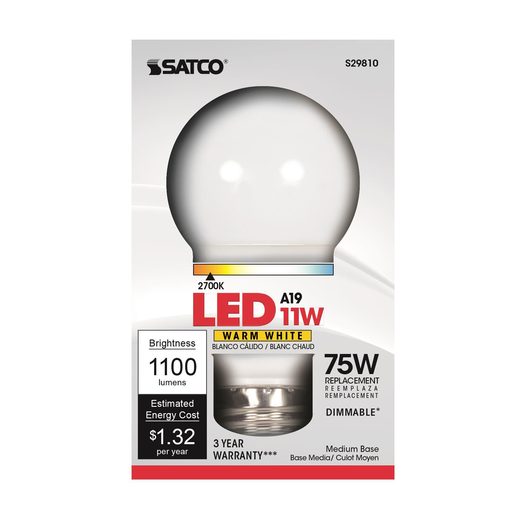 Dimmable 11 Watt 2700K A19 LED Light Bulb by Satco