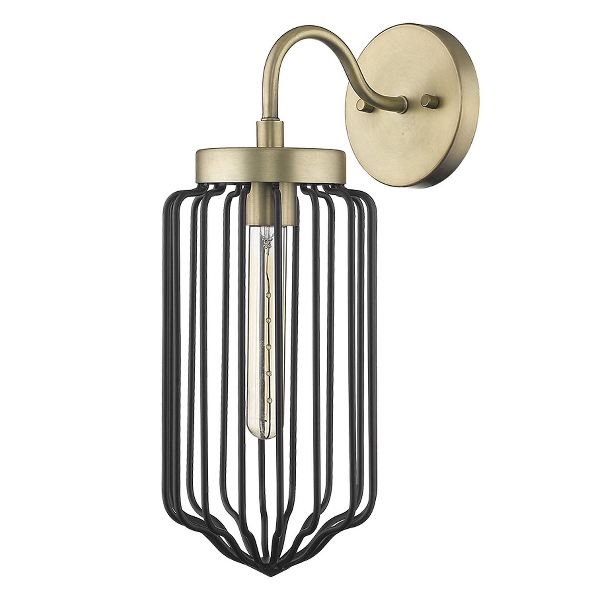 Shown in Aged Brass finish and Black glass and Black, Cylindrical Metal Cage s shade