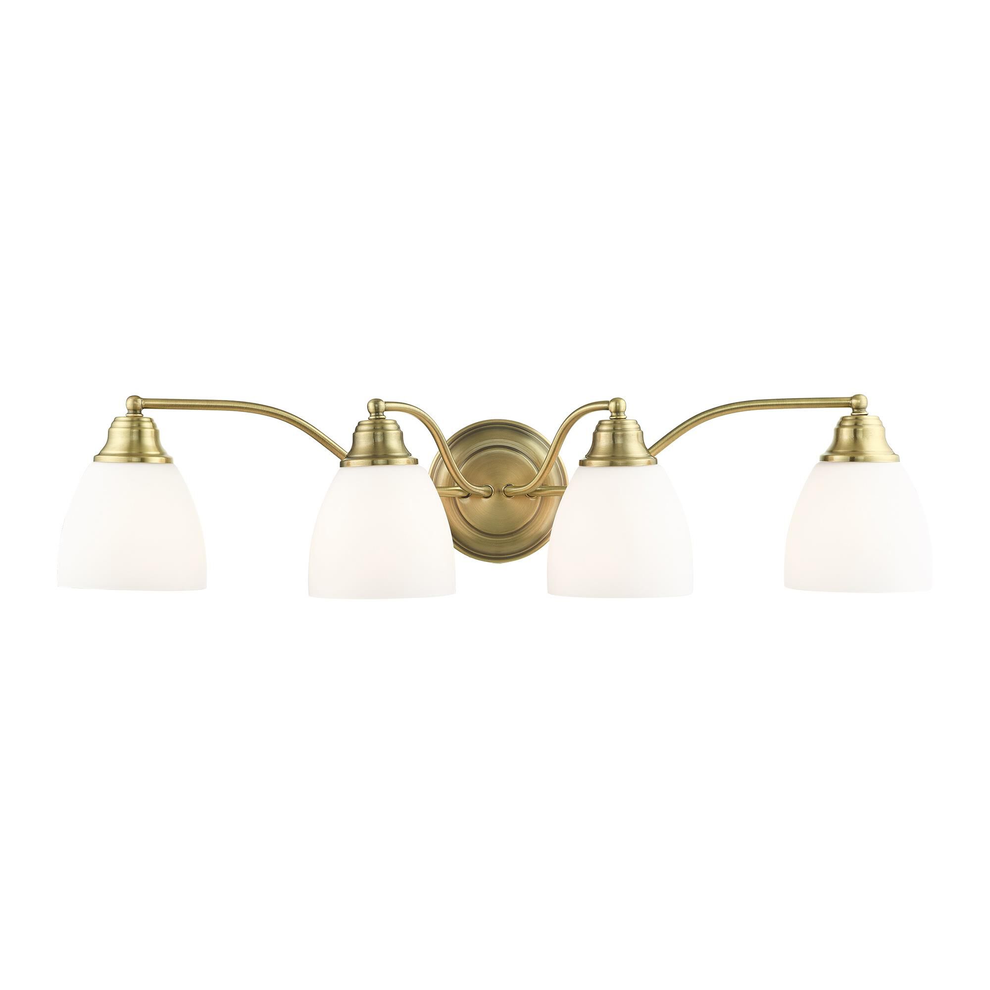 Shown in Antique Brass finish and Hand Blown Satin Opal White glass
