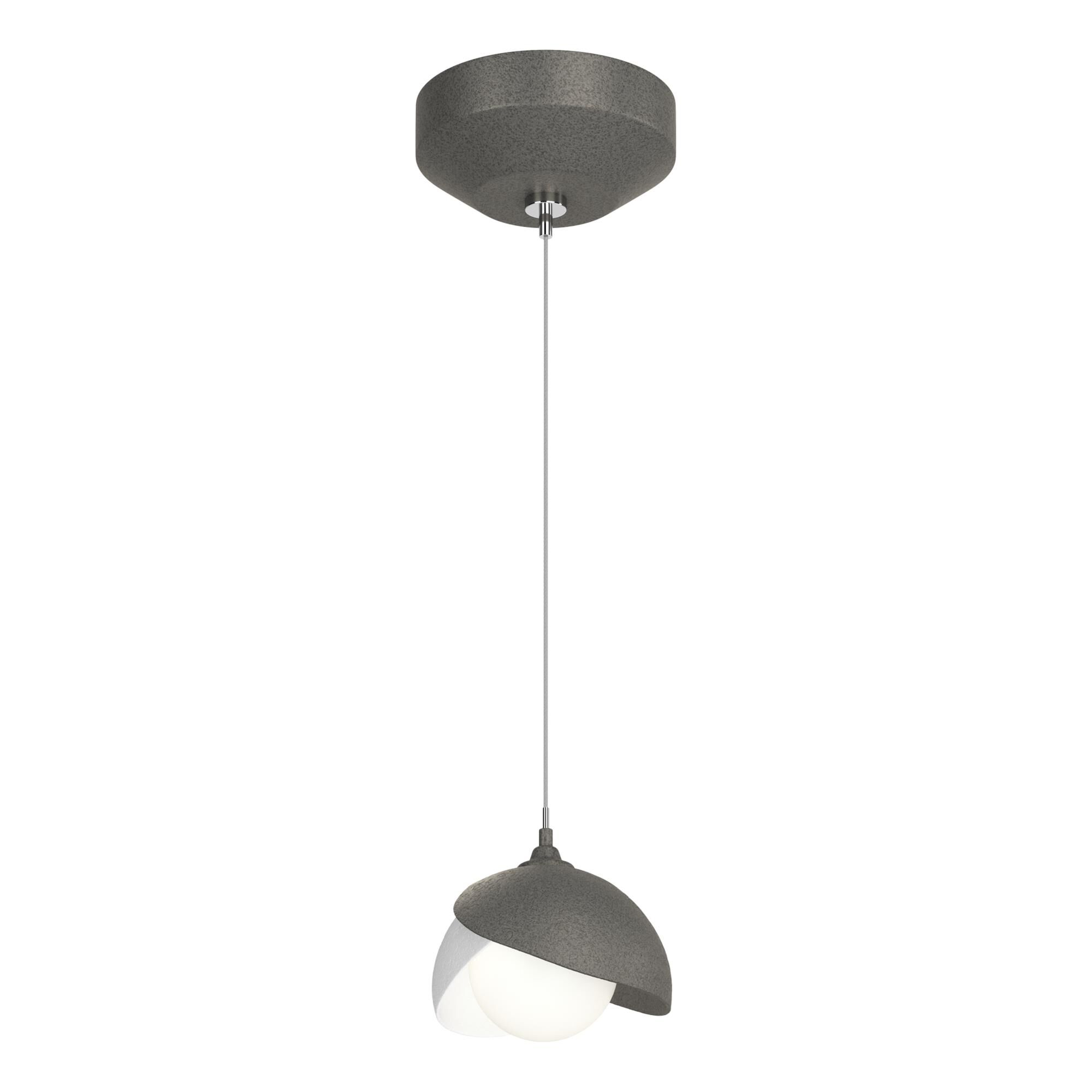 Shown in Natural Iron finish and Opal glass and White accent