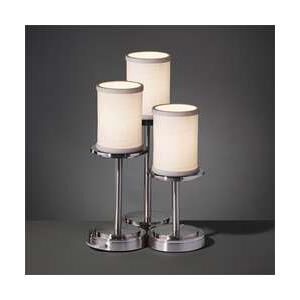 Shown in Brushed Nickel finish and Woven White Fabric Cylinder with Flat Rim shade