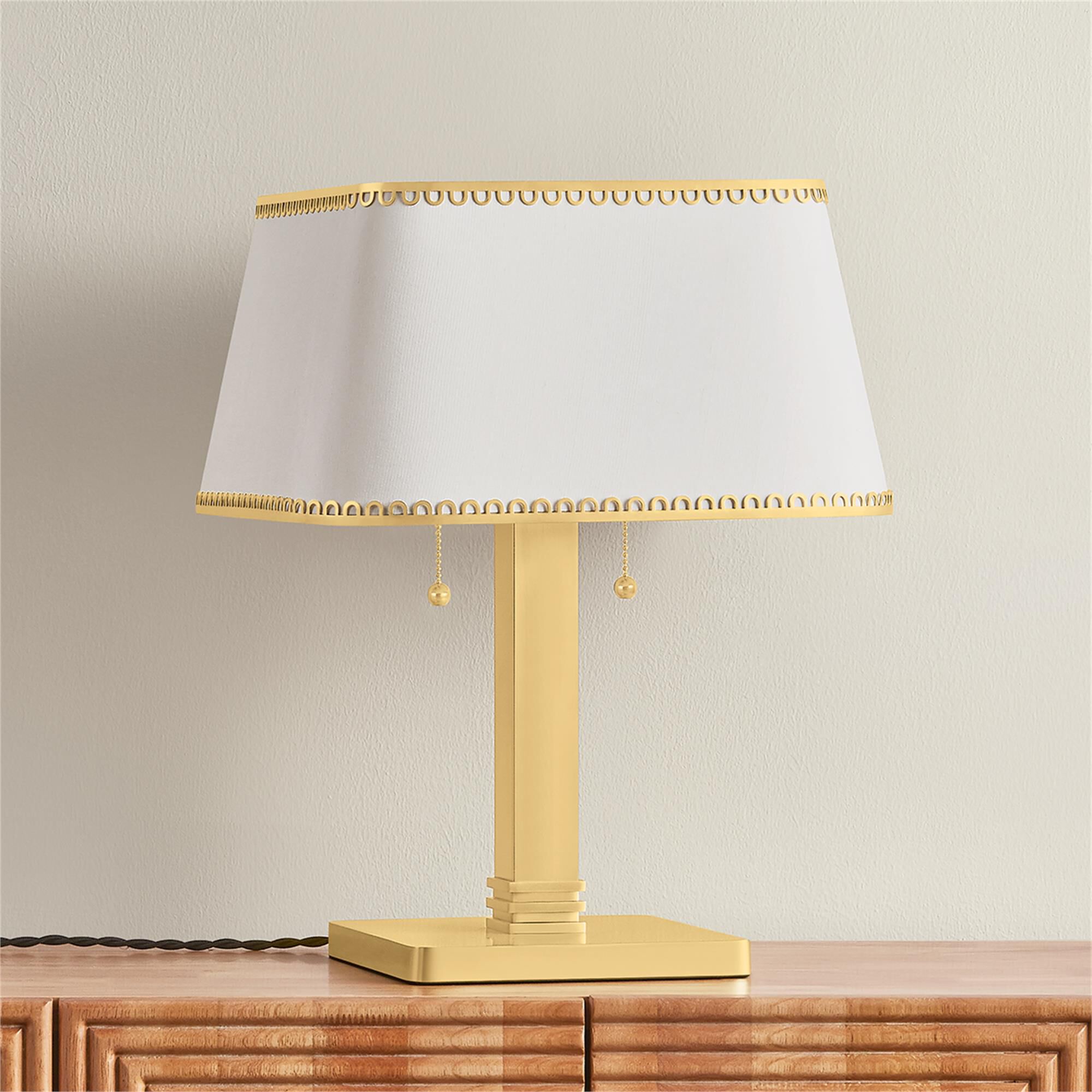 Shown in Aged Brass finish and Raw Silk shade