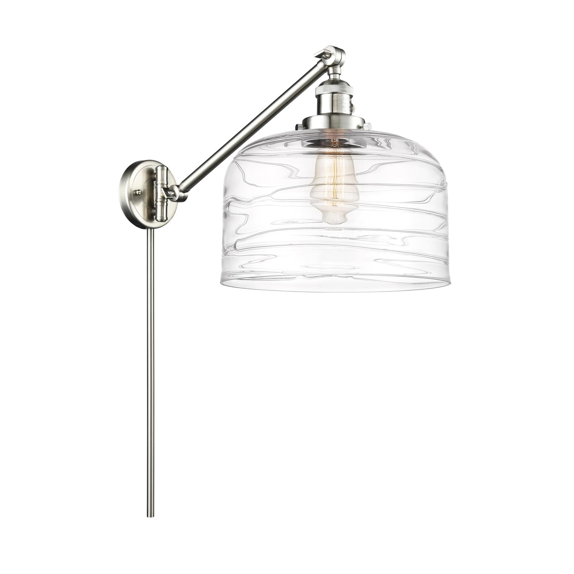Shown in Brushed Satin Nickel finish and Clear Deco Swirl X-Large Bell glass