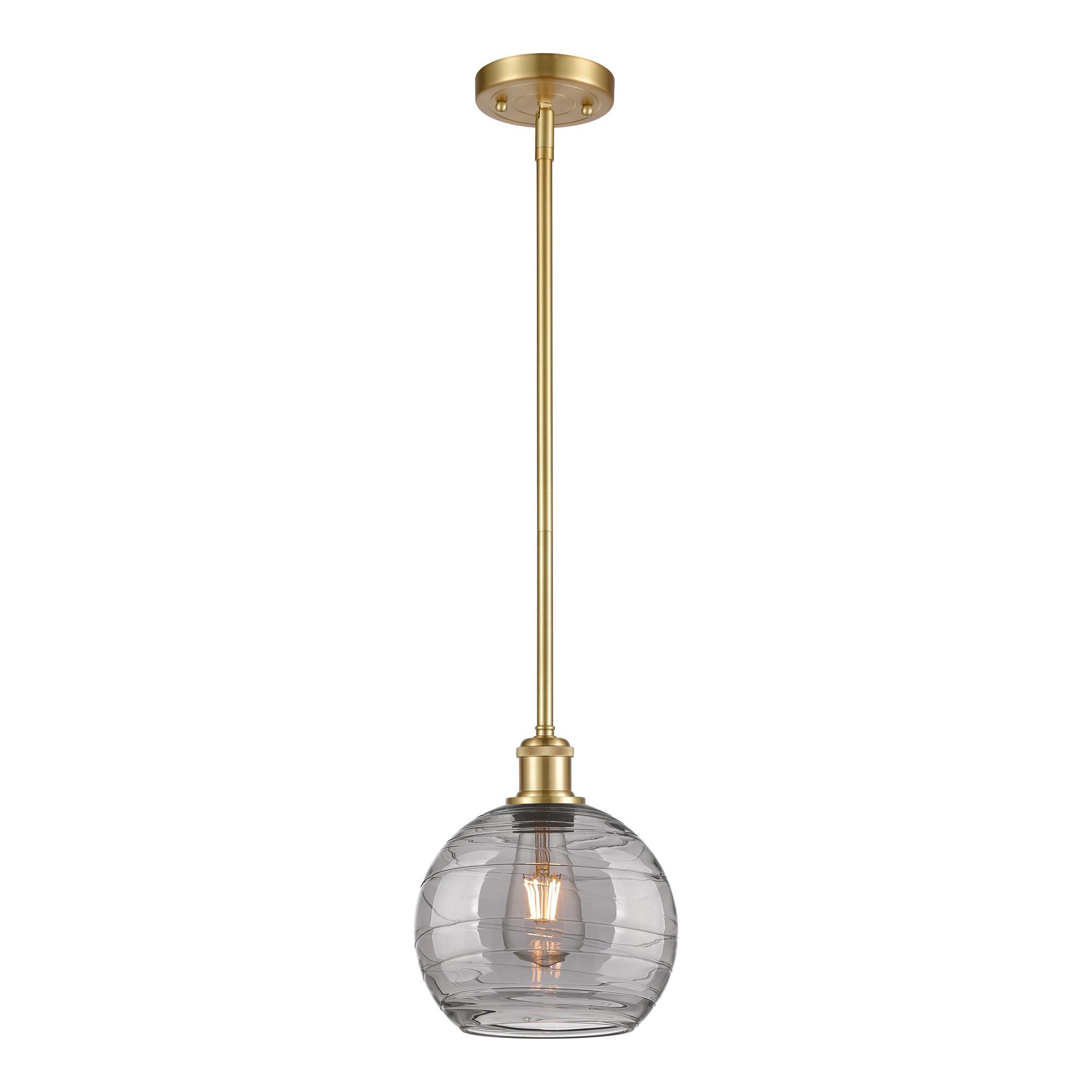 Shown in Satin Gold finish and Light Smoke Deco Swirl glass