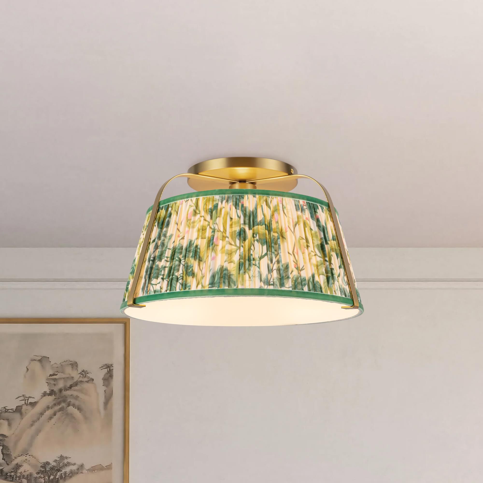 Shown in Brushed Gold finish and Frosted Polycarbonate Diffuser glass and Green Linen shade