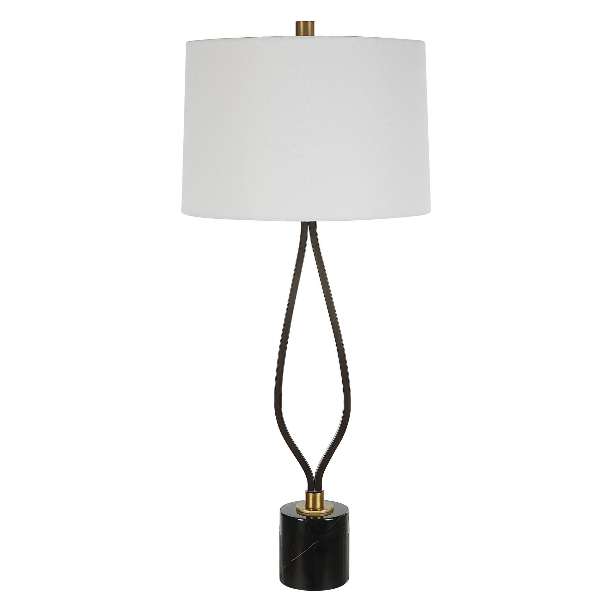 Shown in This Tall Table Lamp Has A Wishbone Shaped Iron Base Finish In A Rustic Black Paired With Antique Br finish and Round Hardback shade