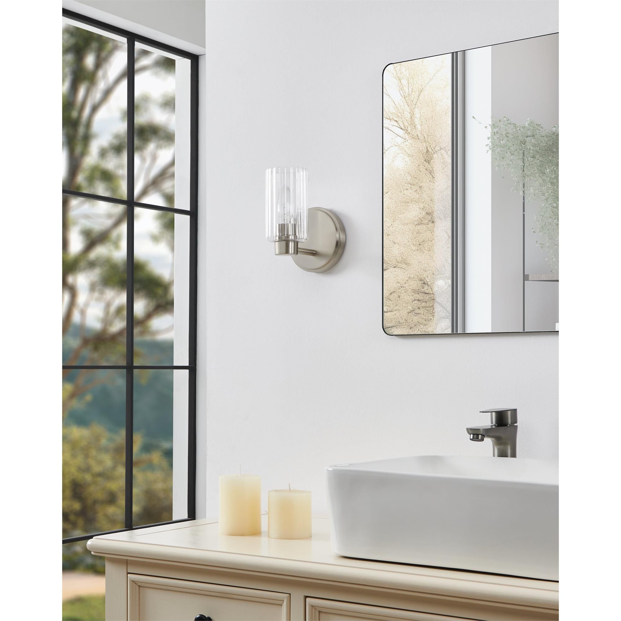 Shown in Brushed Nickel finish and Clear Ribbed glass
