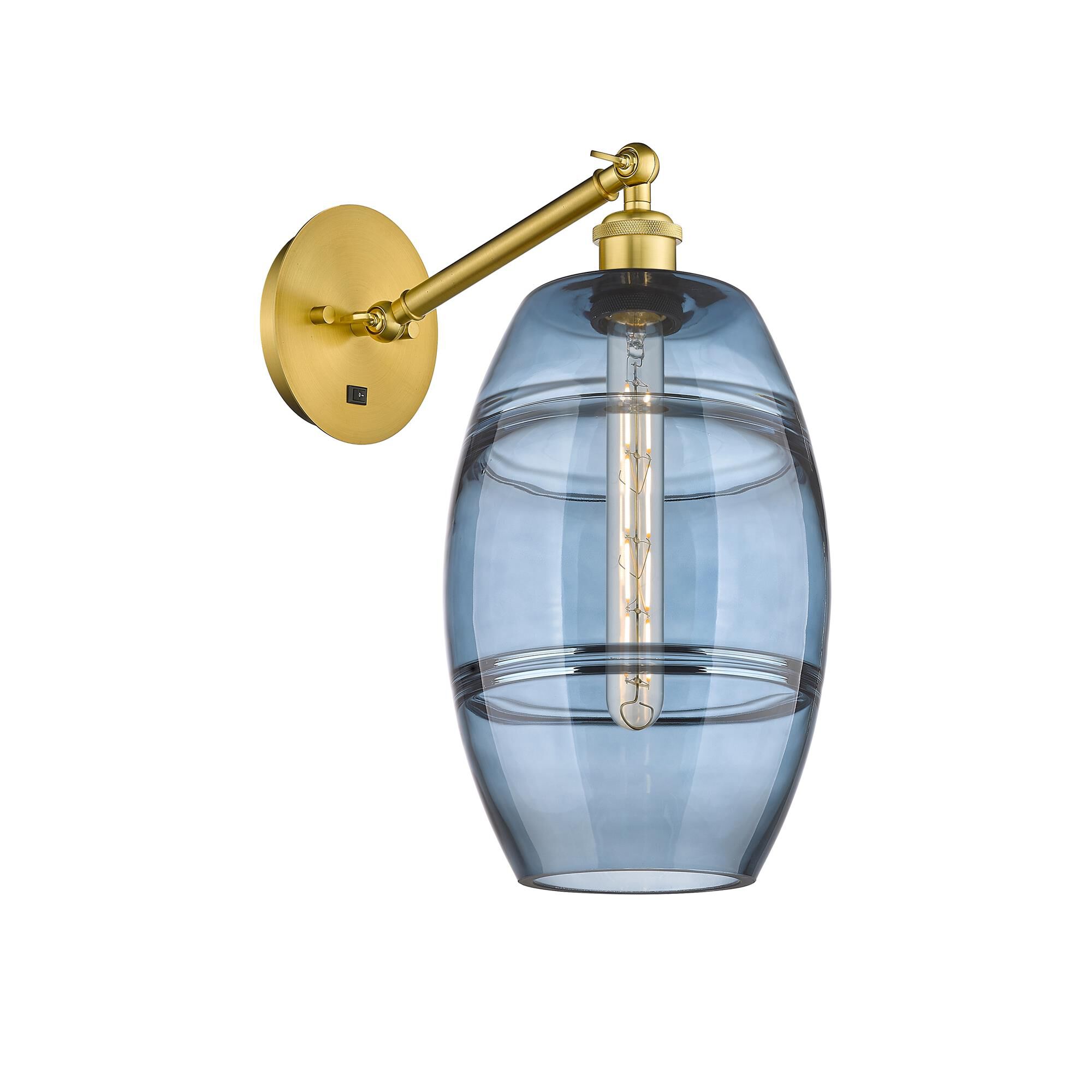 Shown in Satin Gold finish and Princess Blue glass