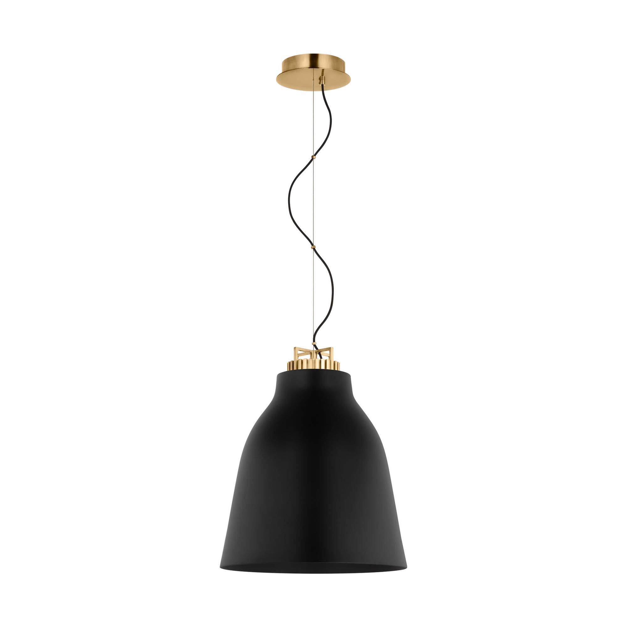 Shown in Natural Brass finish and Matte Black glass and Aluminum shade