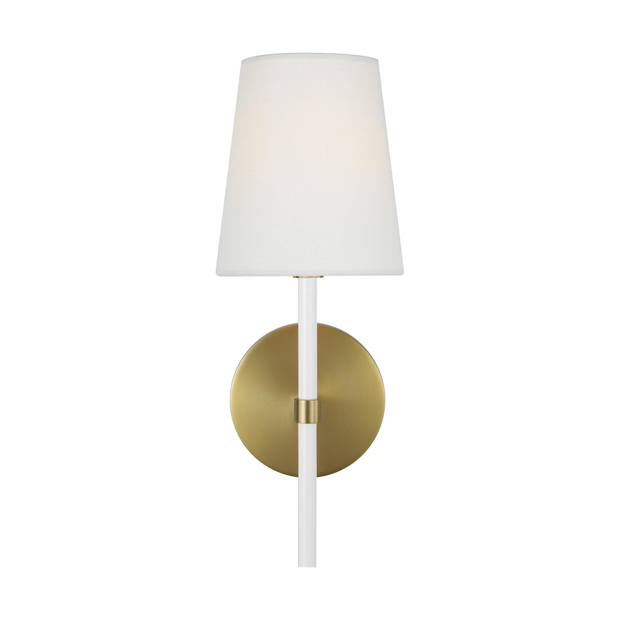 Shown in Burnished Brass finish and White Linen Fabric shade