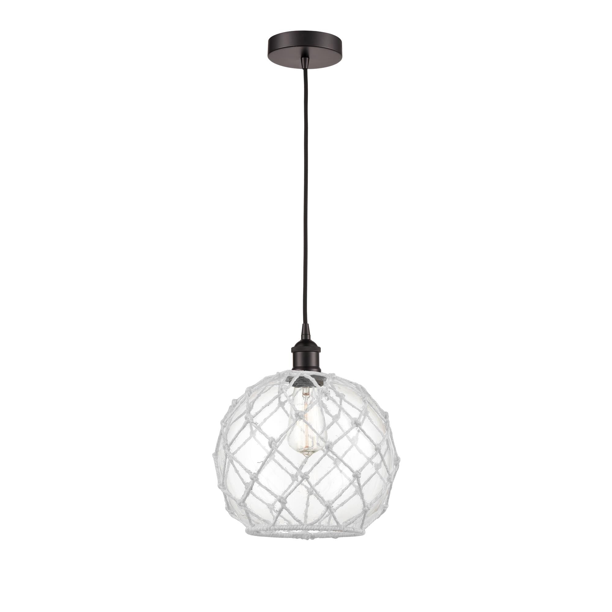 Shown in Oil Rubbed Bronze finish and Clear Large Farmhouse With White Rope glass