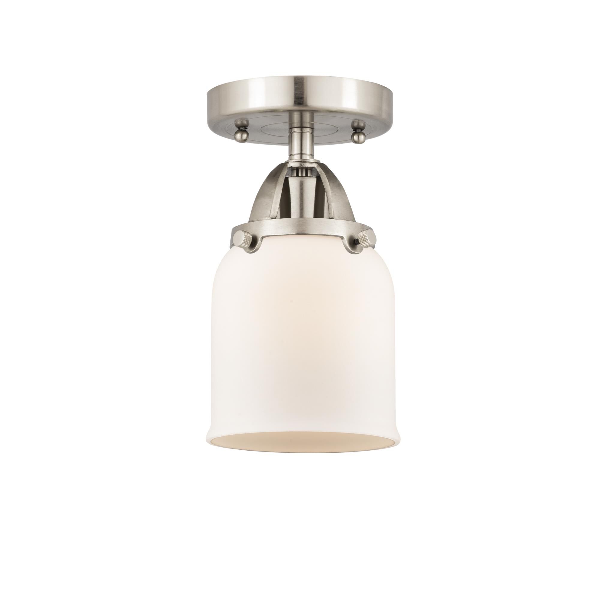 Shown in Brushed Satin Nickel finish and Matte White Cased Small Bell glass and No Shade shade