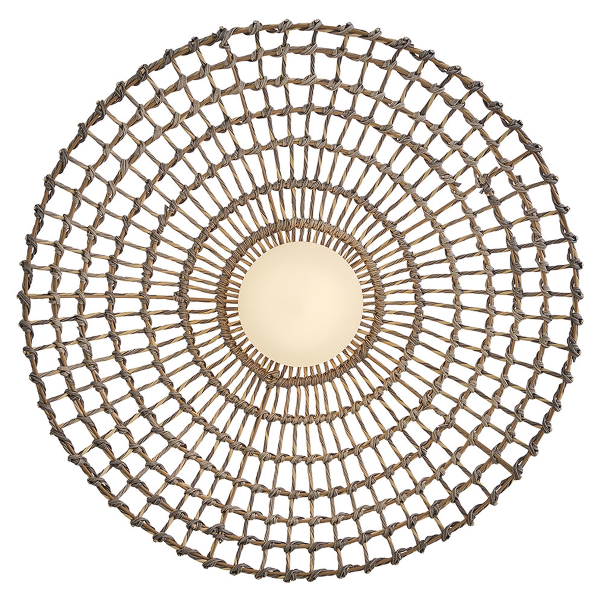 Shown in Black finish and Etched Opal glass and All Weather Rattan shade