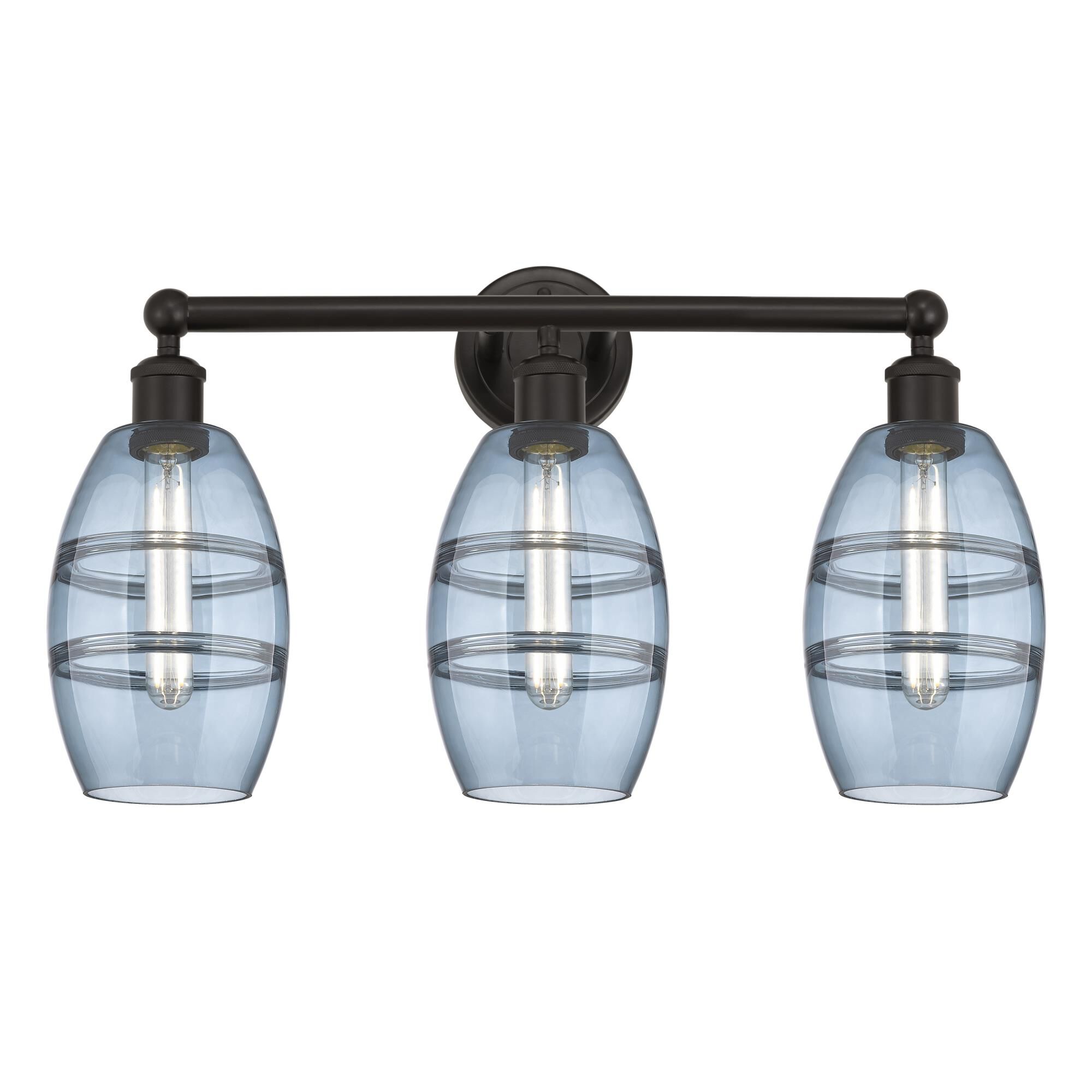 Shown in Oil Rubbed Bronze finish and Princess Blue glass