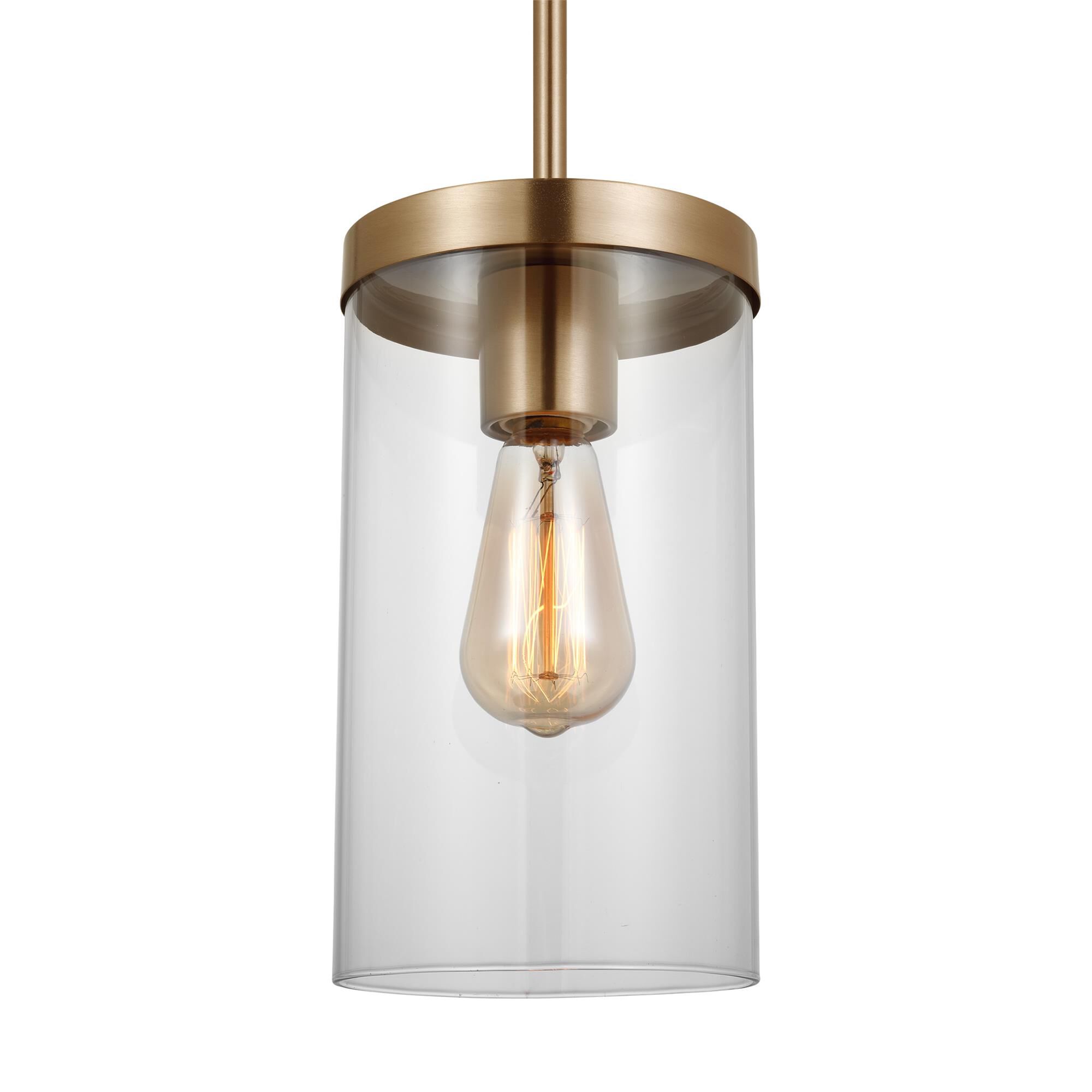 Shown in Satin Brass finish and Clear Glass shade