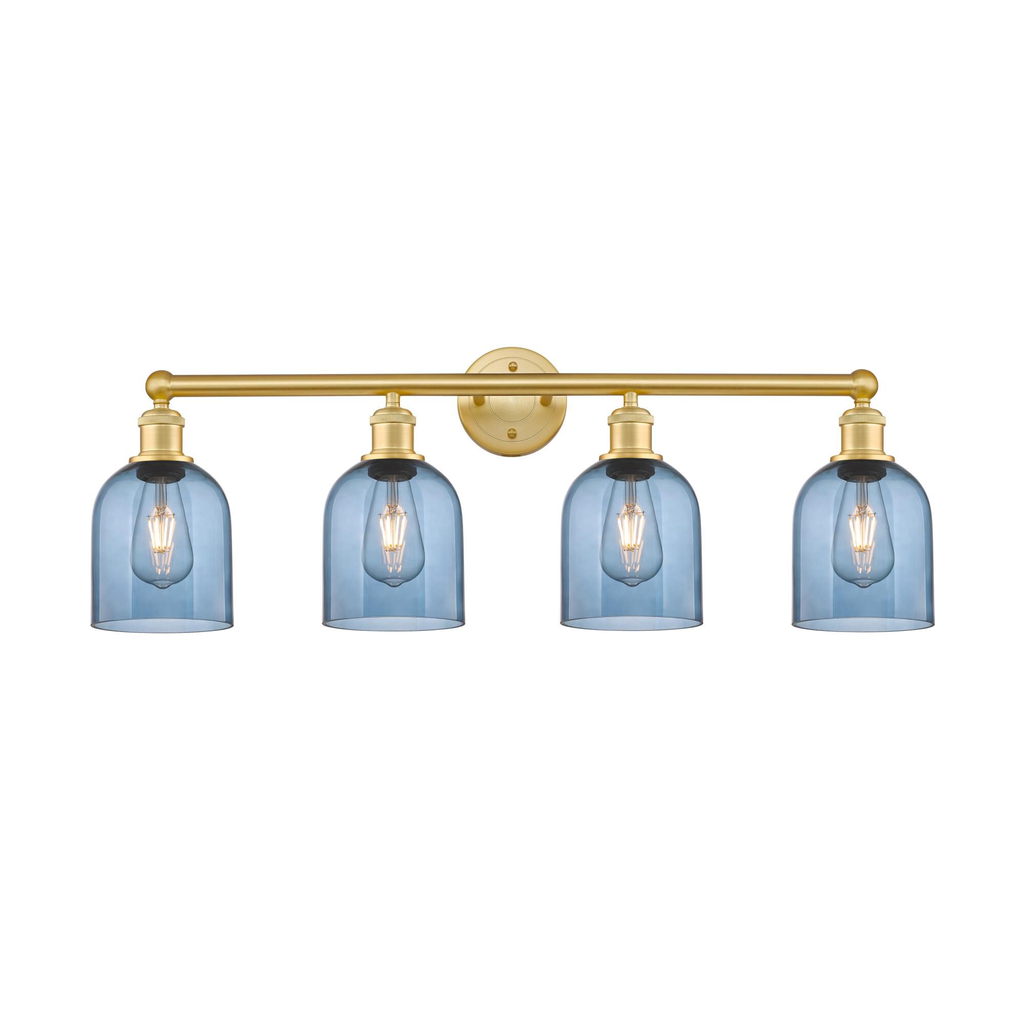 Shown in Satin Gold finish and Princess Blue glass