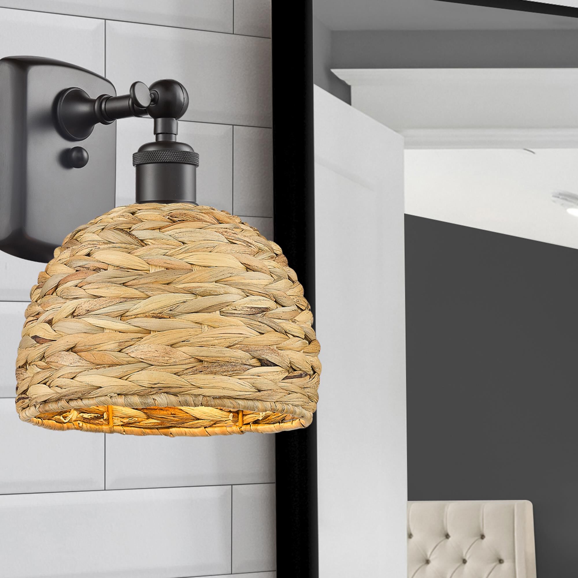 Shown in Oiled Brass finish and Natural Rattan Rattan shade