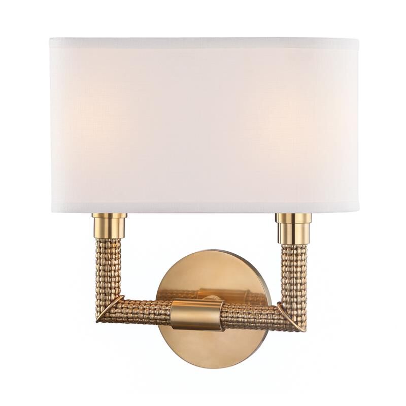 Shown in Aged Brass finish and Off White Linen shade