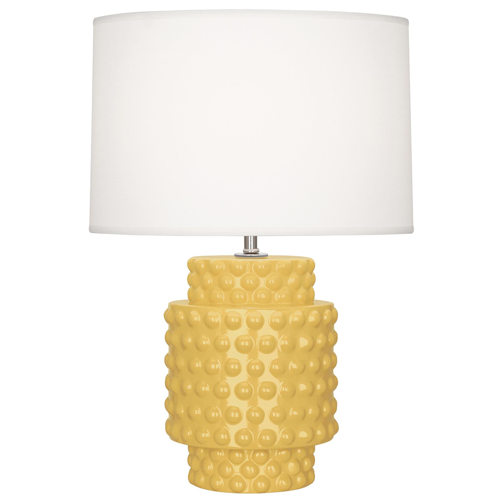 Shown in Sunset Yellow Glazed Textured Ceramic finish and Fondine Fabric shade