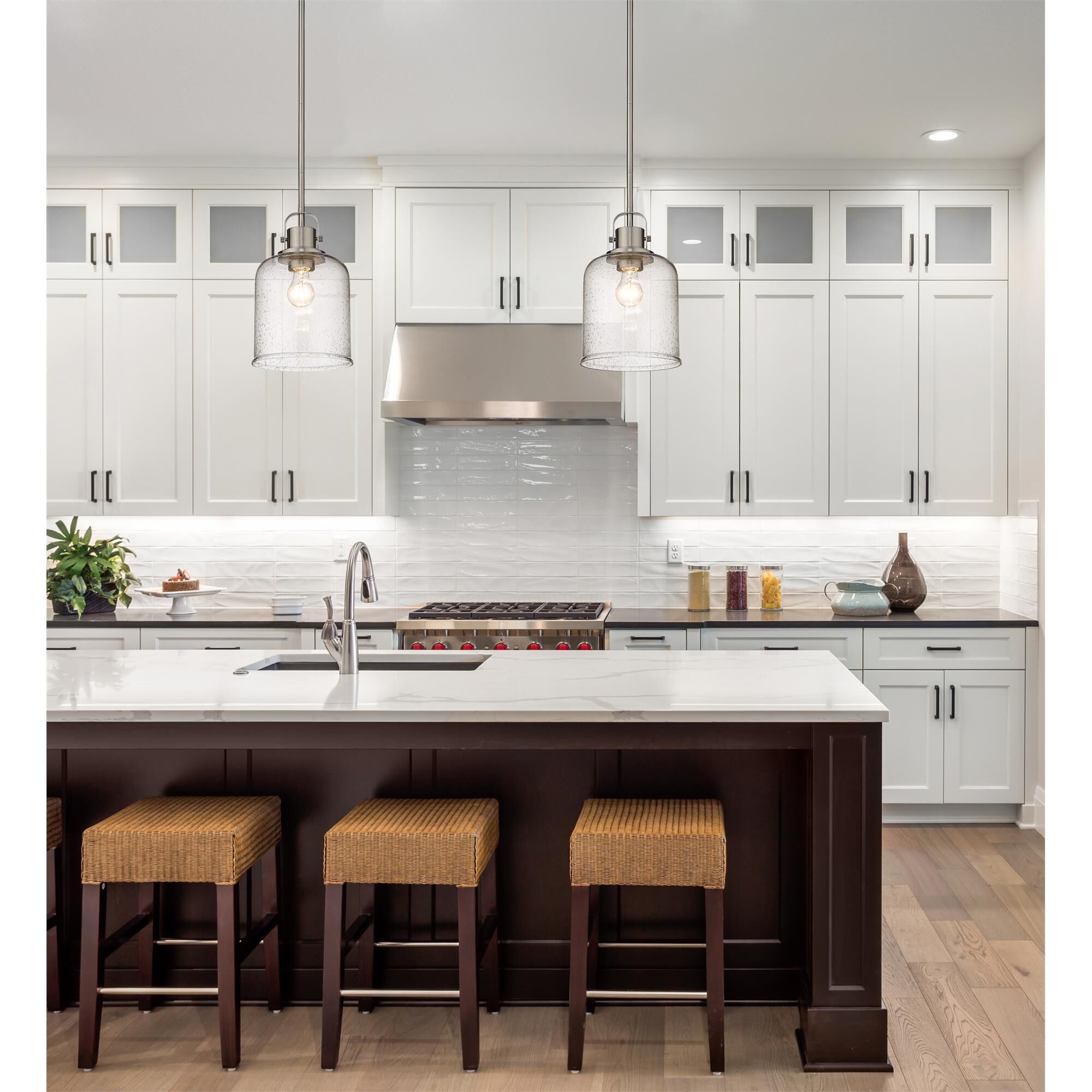 Shown in Brushed Nickel finish and Clear Seeded glass and No Shade shade