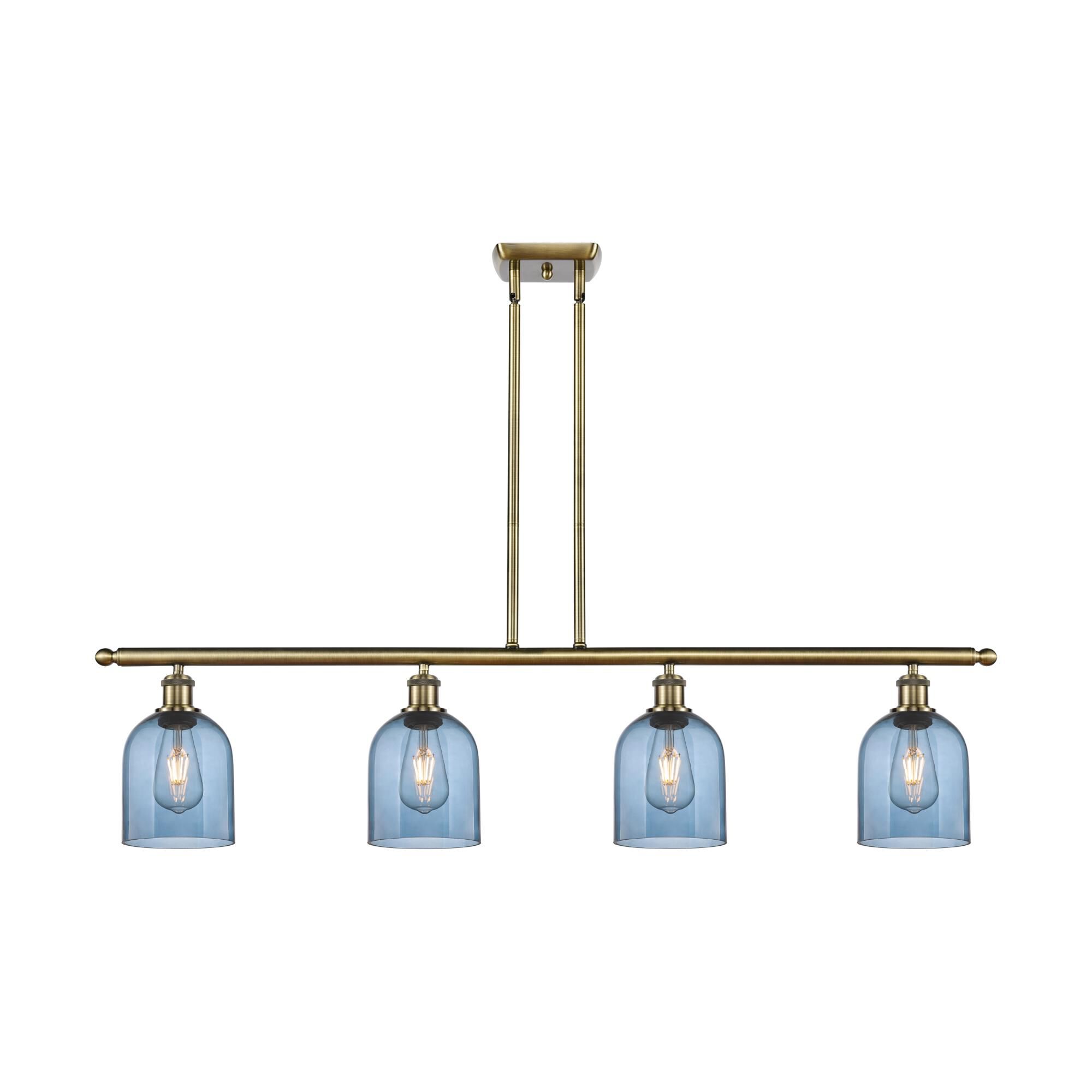 Shown in Antique Brass finish and Princess Blue glass