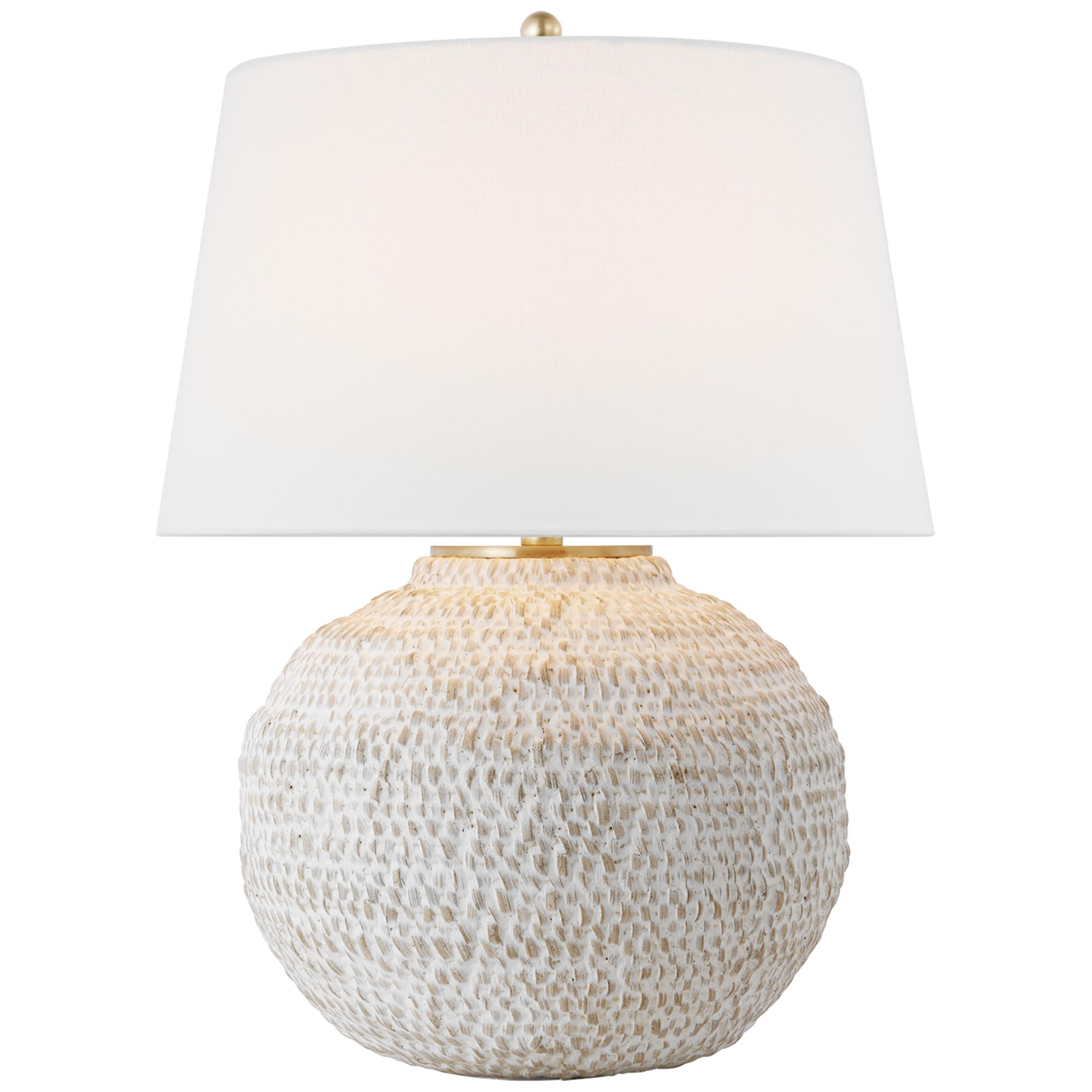 Shown in Plaster White Rattan finish and Linen shade