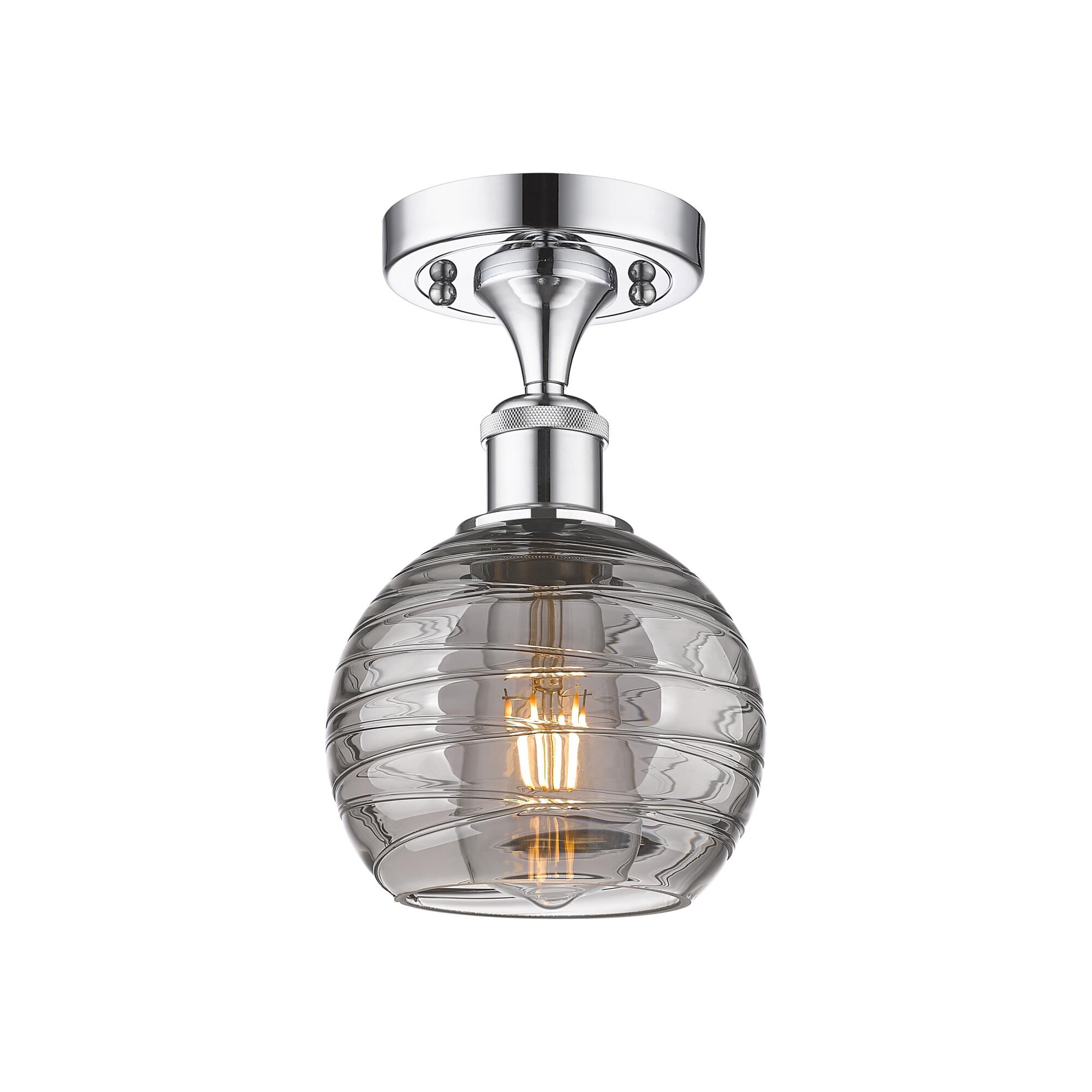 Shown in Polished Chrome finish and Light Smoke Deco Swirl glass
