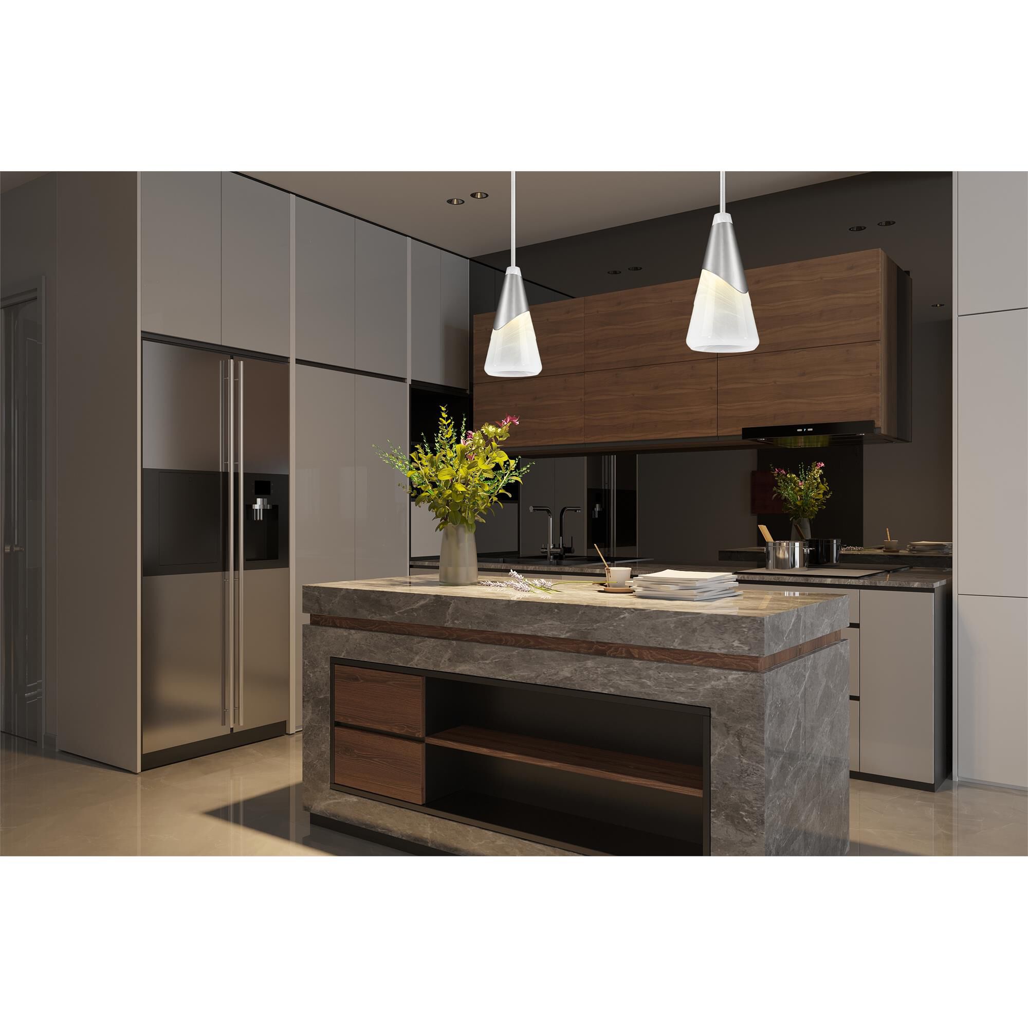 Shown in Brushed Nickel finish and White Swirl glass and White Swirl shade