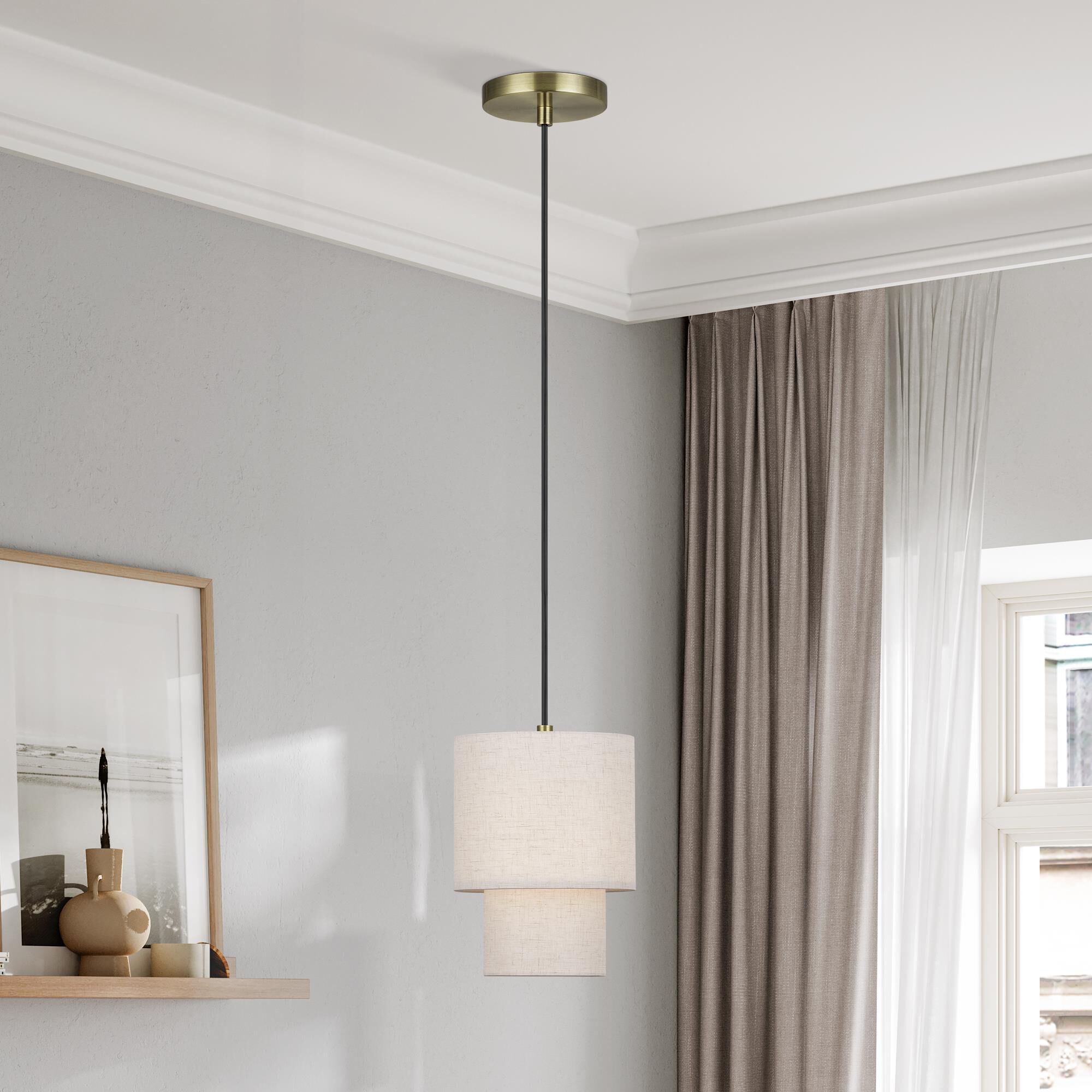 Shown in Antique Brass finish and Hand Crafted Oatmeal Color Fabric with White Color Inside shade