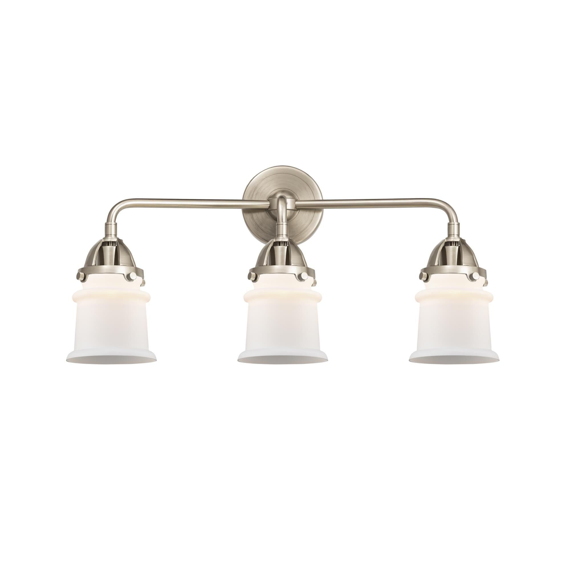 Shown in Brushed Satin Nickel finish and Matte White Canton glass and No Shade shade