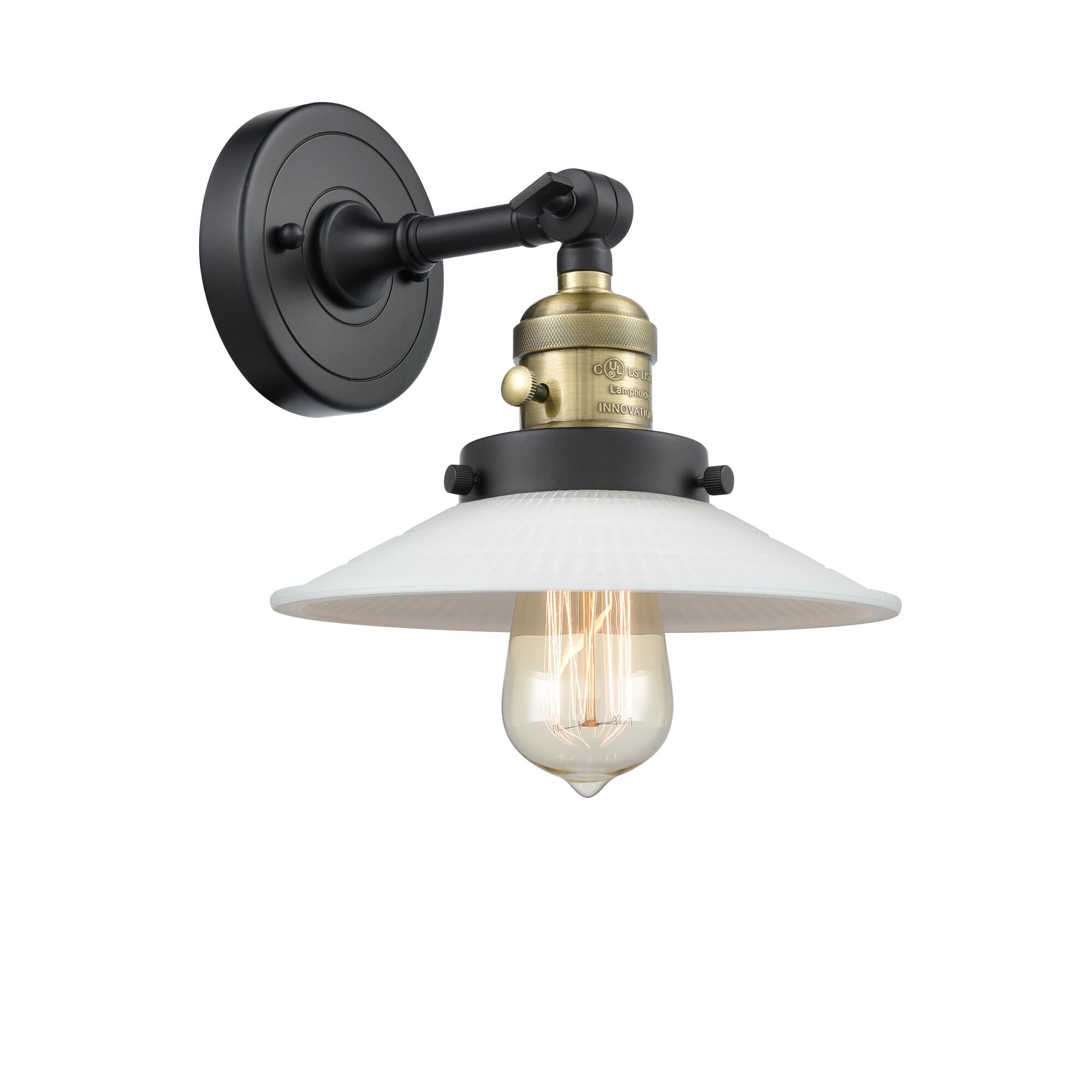 Shown in  Black Antique Brass finish and Matte White Halophane - Cone glass