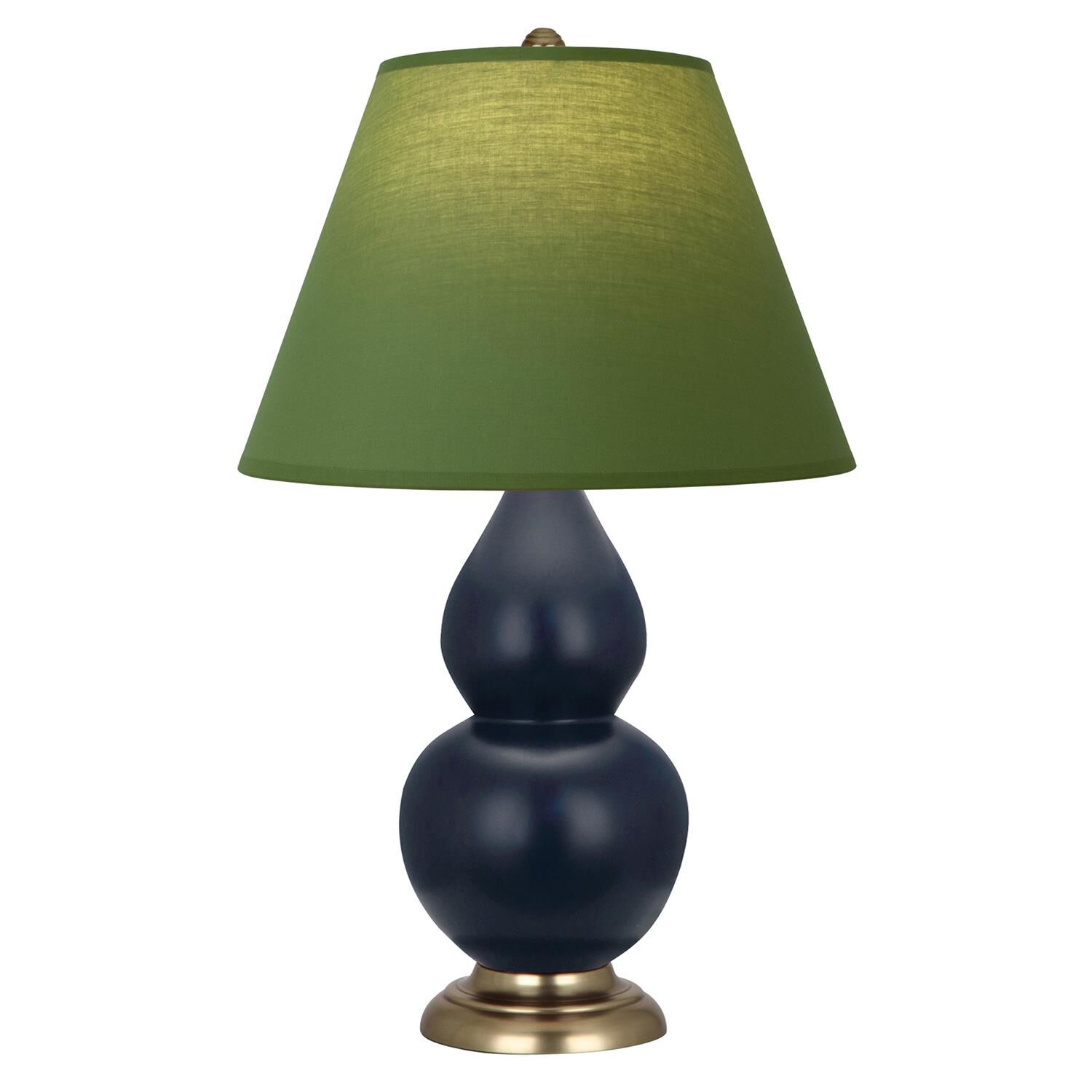 Shown in Matte Midnight Blue finish and Tea Green and Taupe shade and Antique Brass accent