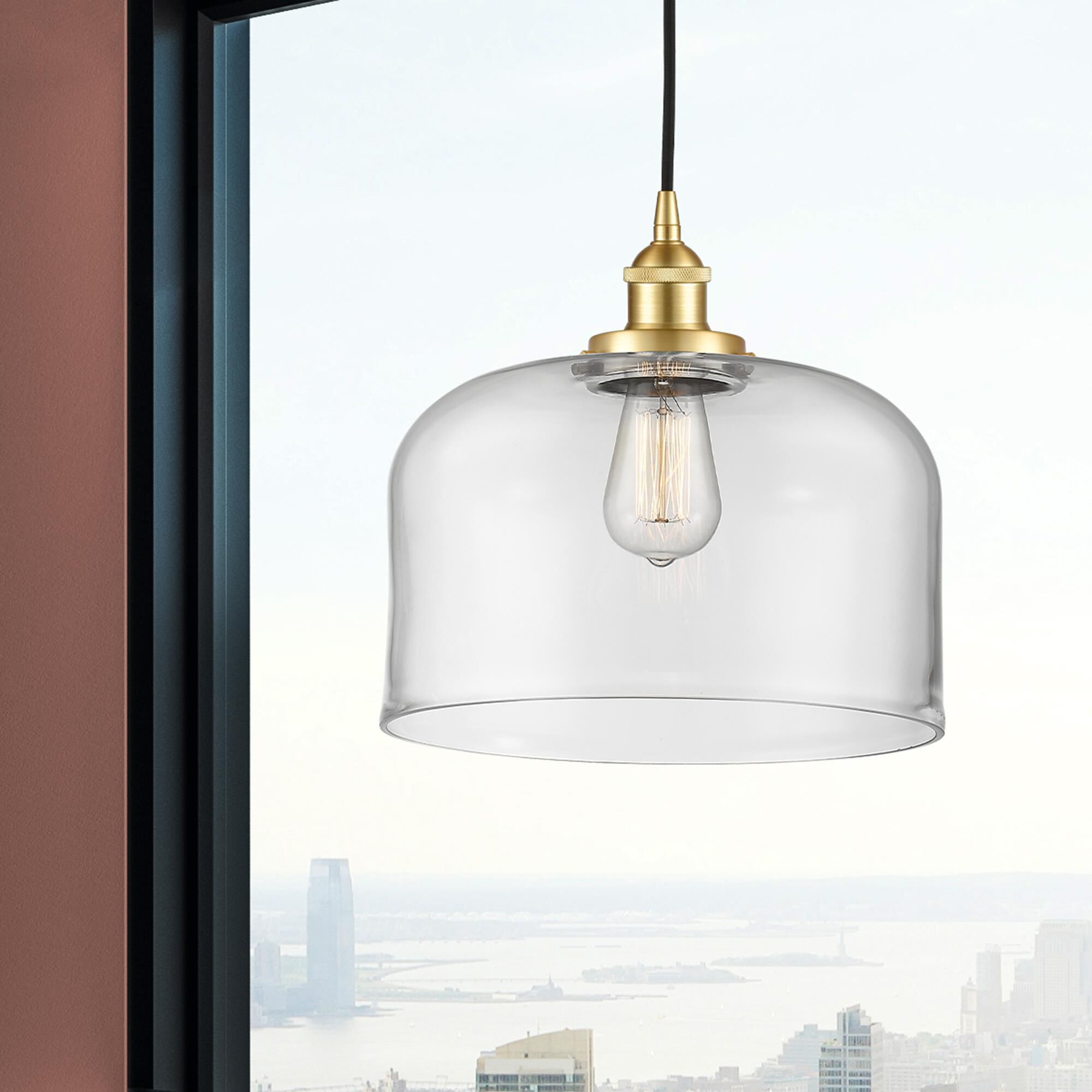 Shown in Satin Gold finish and Clear X-Large Bell glass