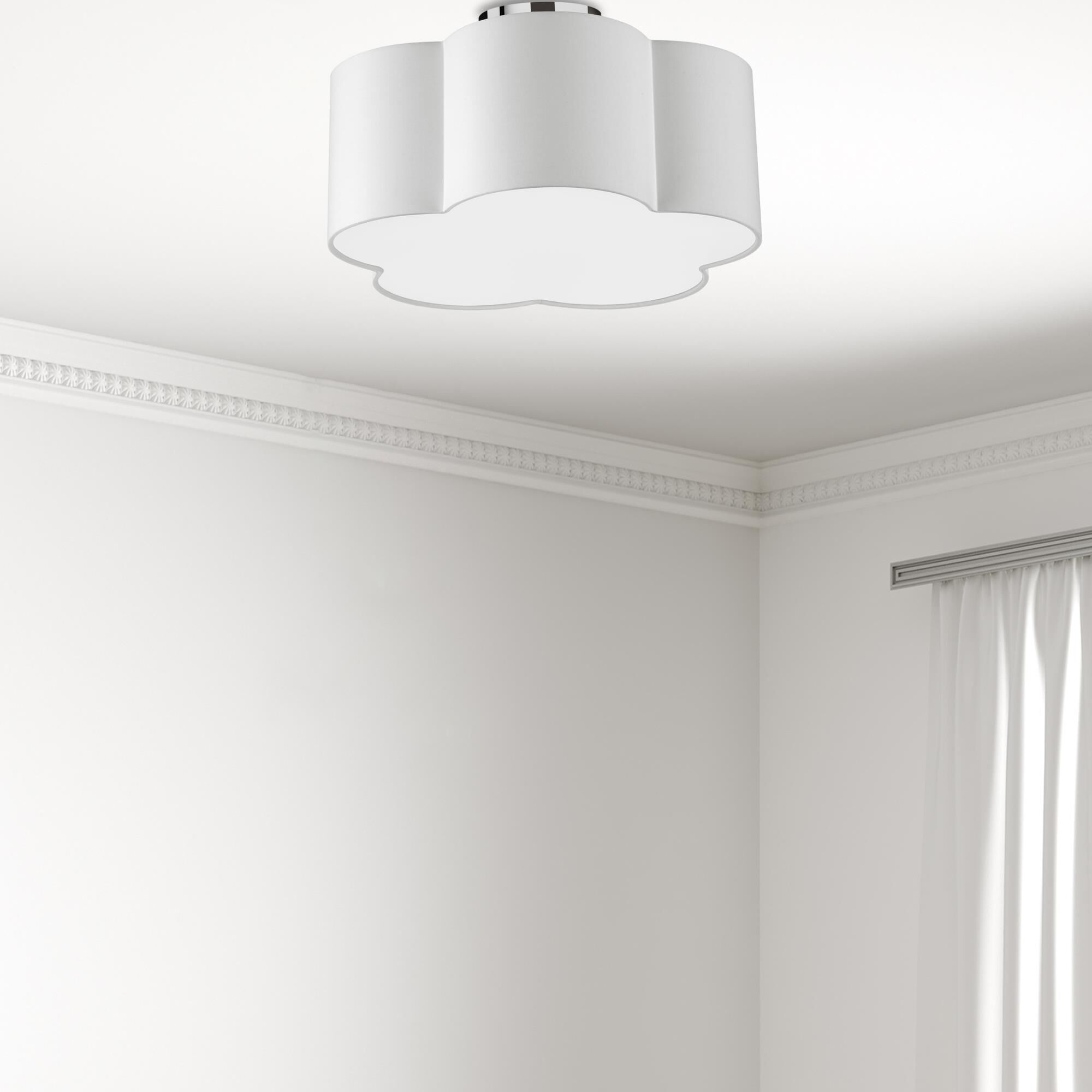 Shown in White and Polished Chrome finish and White Fabric Scallop shade