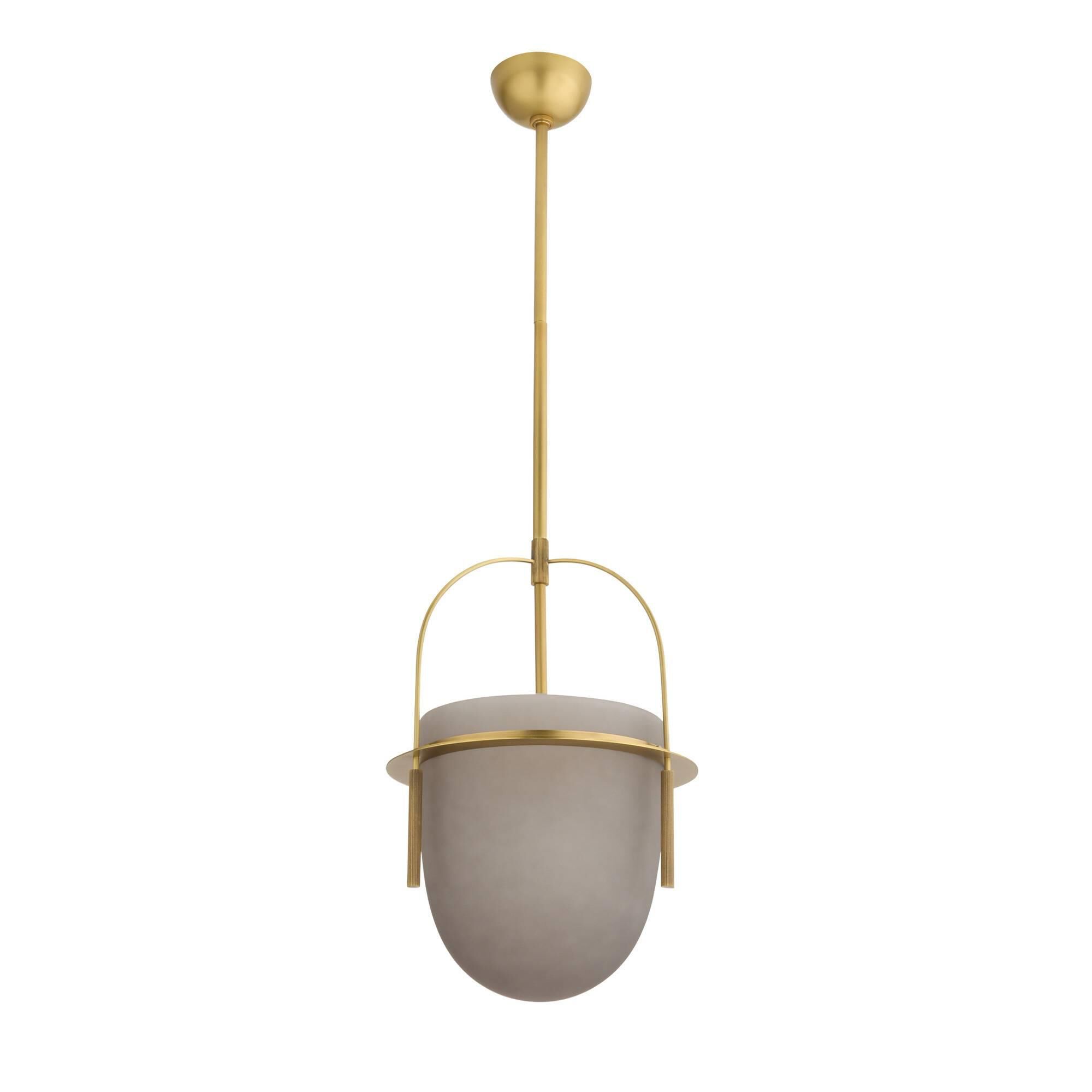 Shown in Antique Brass finish and Frosted Smoke glass