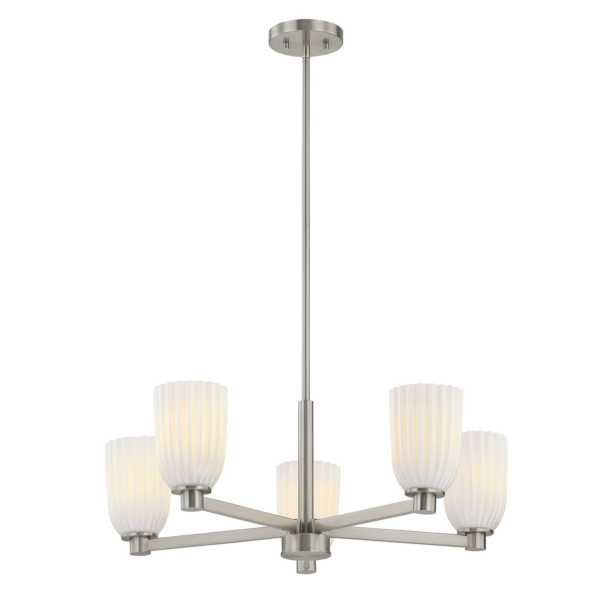 Shown in Satin Nickel finish and White Opal Ribbed glass