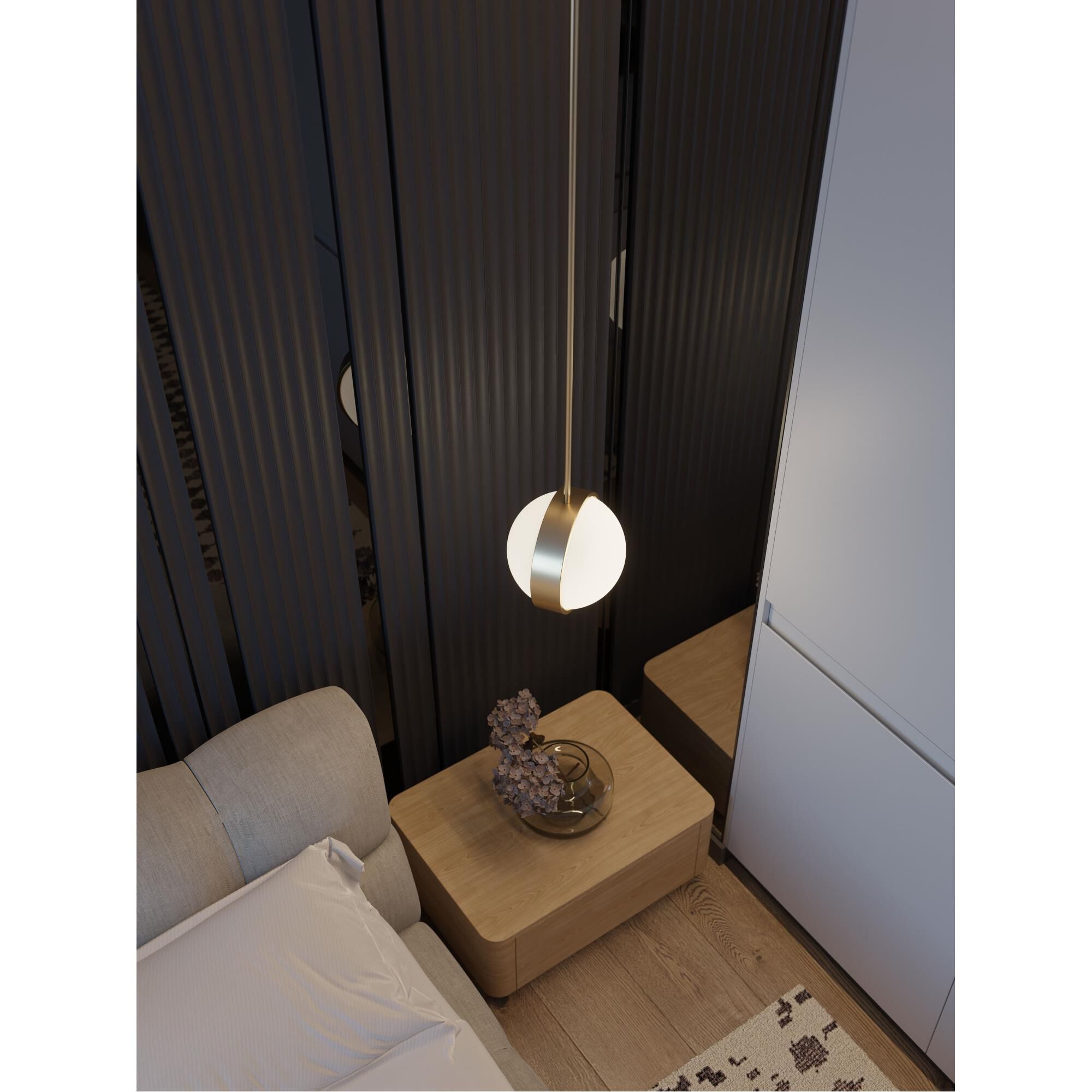 Shown in Light Antique Brass finish and White glass