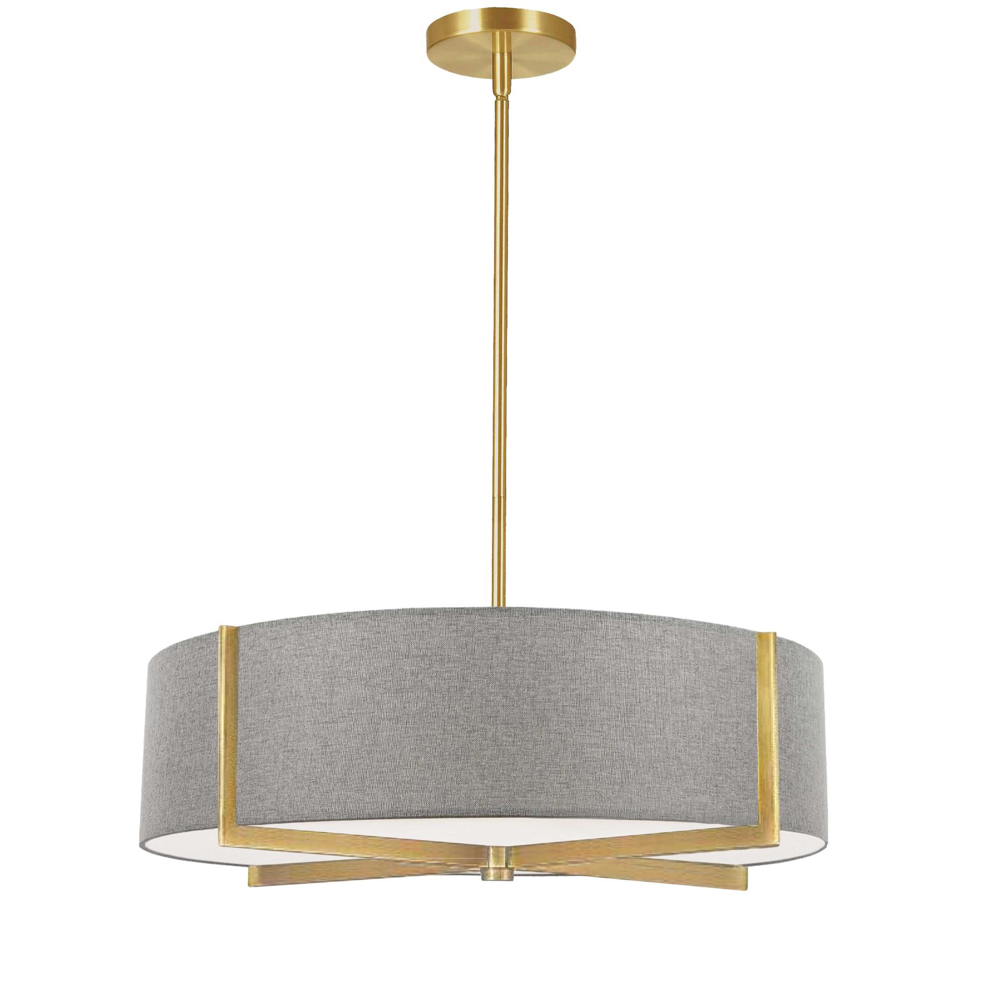Shown in Grey and Aged Brass finish and Fabric Gray Drum shade