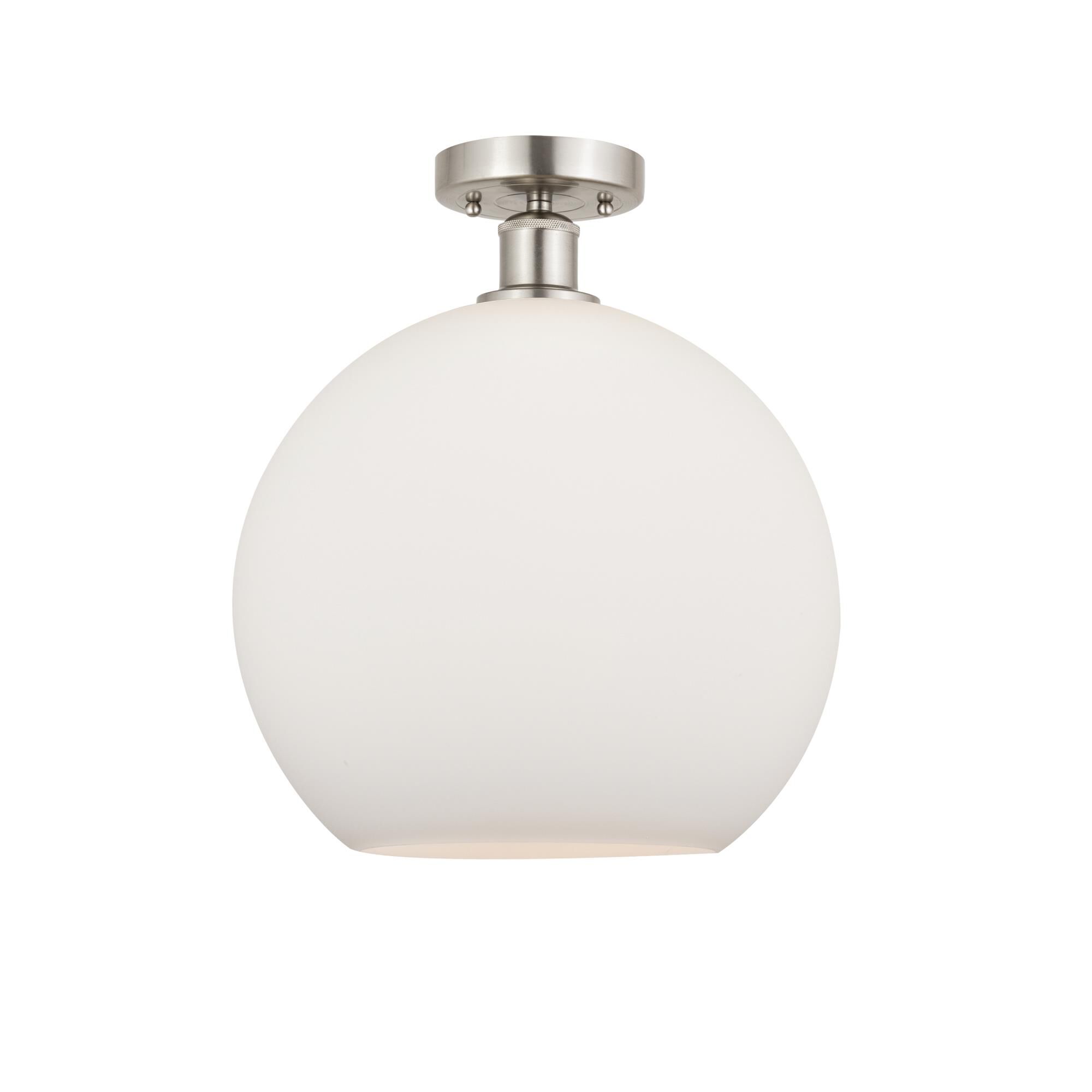 Shown in Brushed Satin Nickel finish and Matte White glass