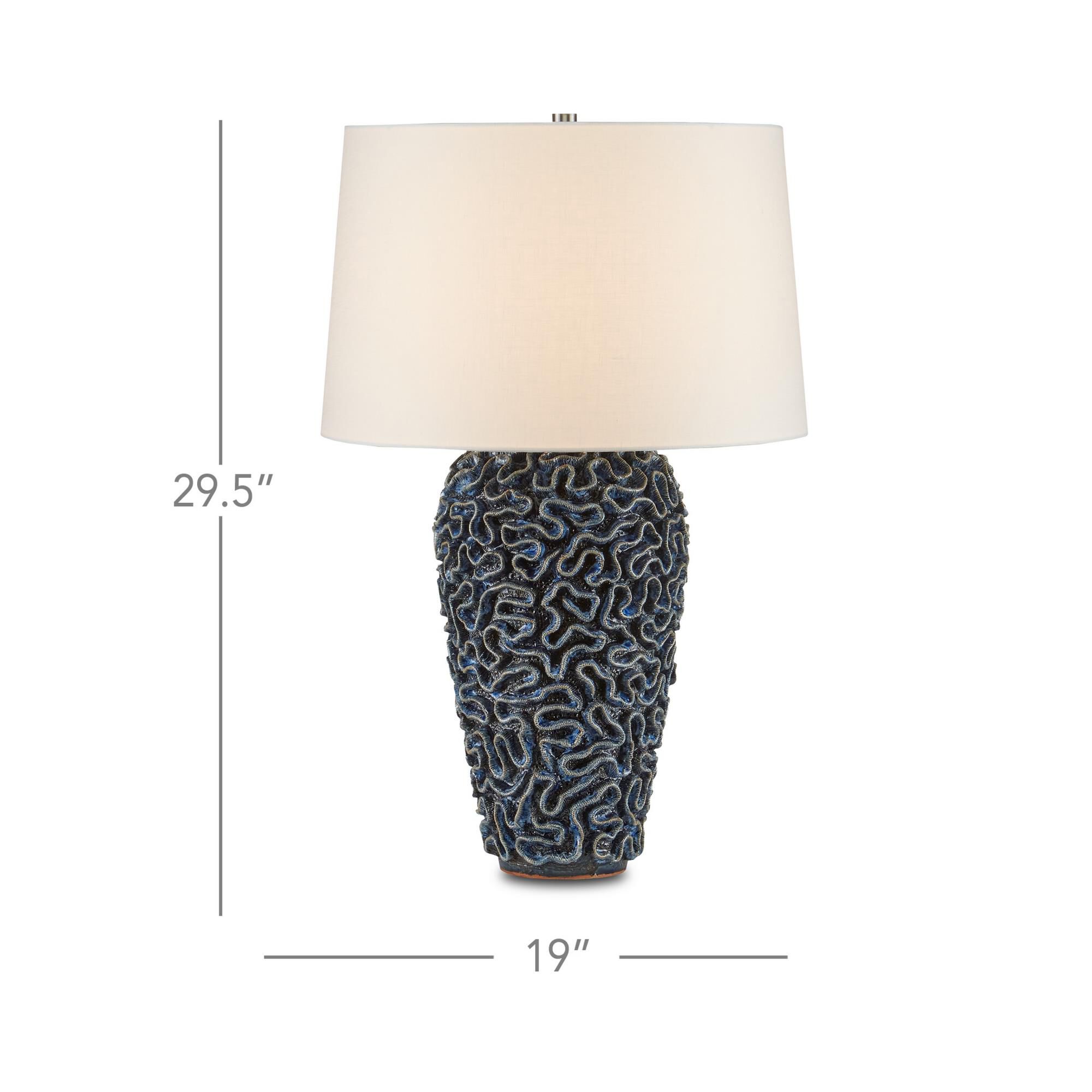 Shown in Blue finish and Off-White Linen shade