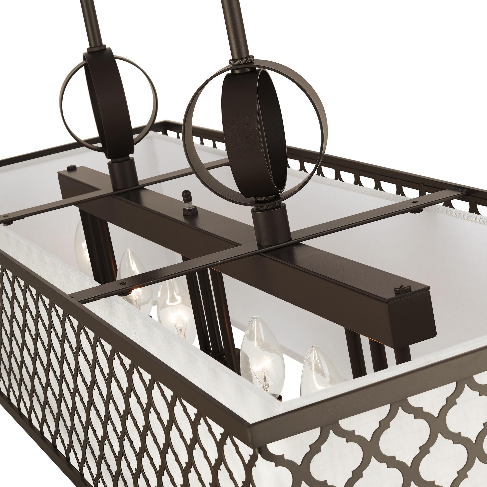 Shown in English Bronze finish and Hand Crafted Oatmeal Color Fabric Outside & White Fabric Inside Hardback shade