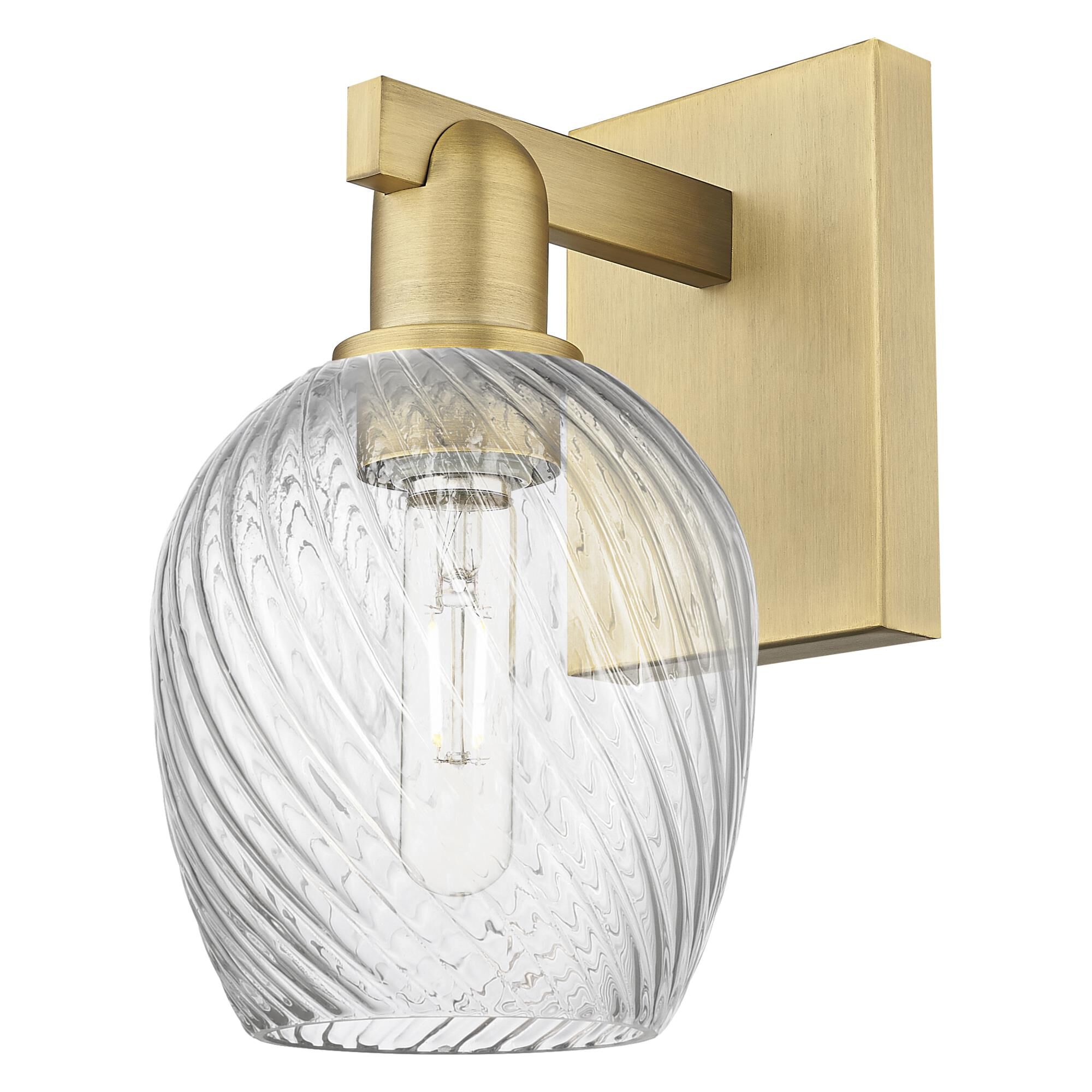 Shown in Brushed Brass finish and Clear Spiral Fluted glass