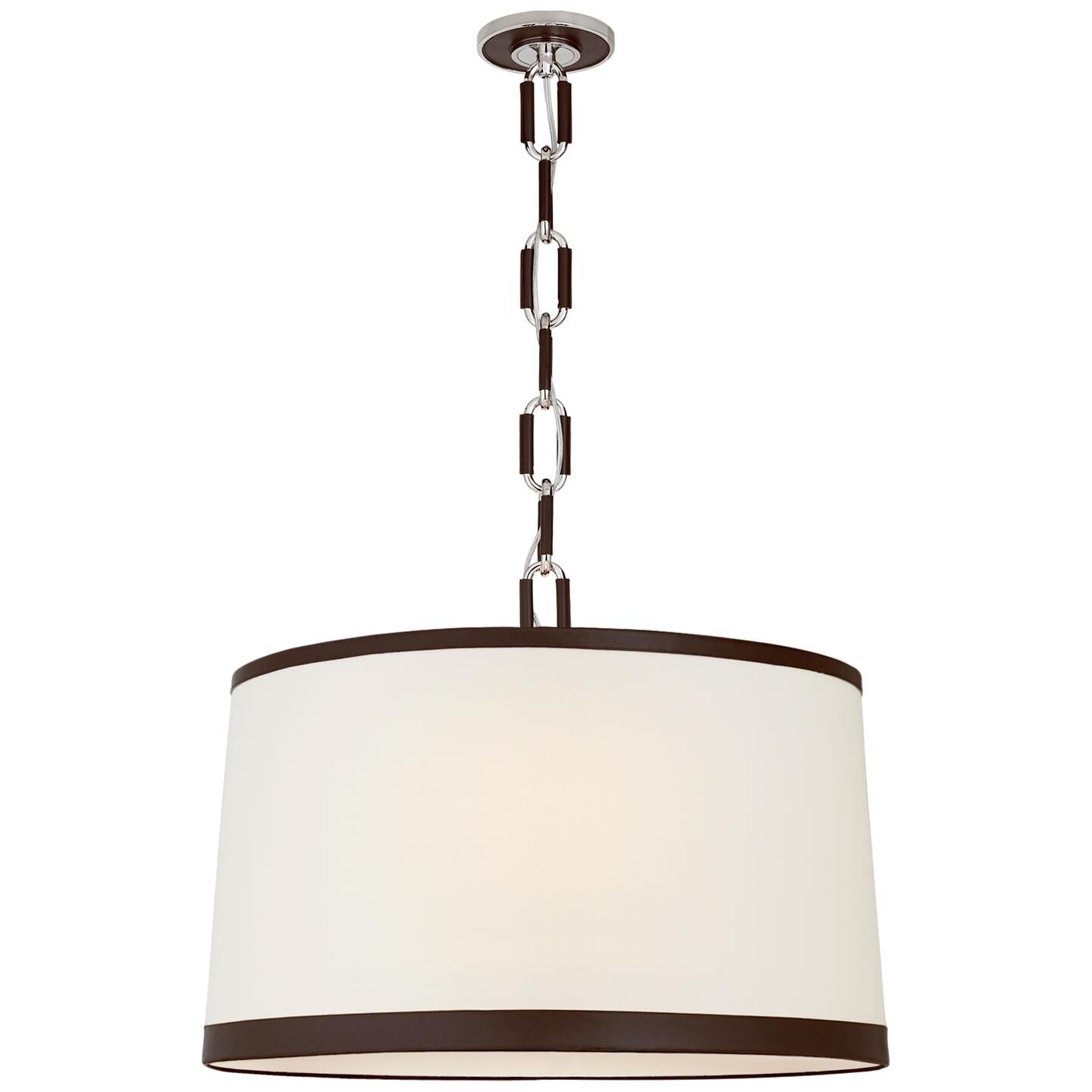 Shown in Polished Nickel With Chocolate Leather finish and Linen shade
