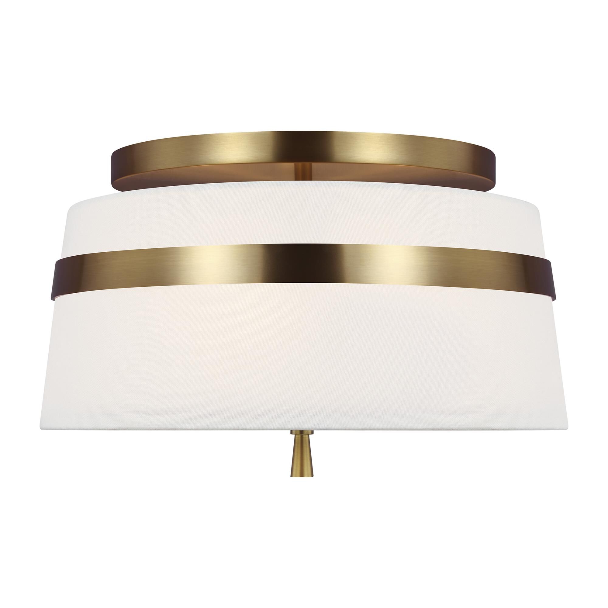 Shown in Burnished Brass finish and White Linen Fabric shade