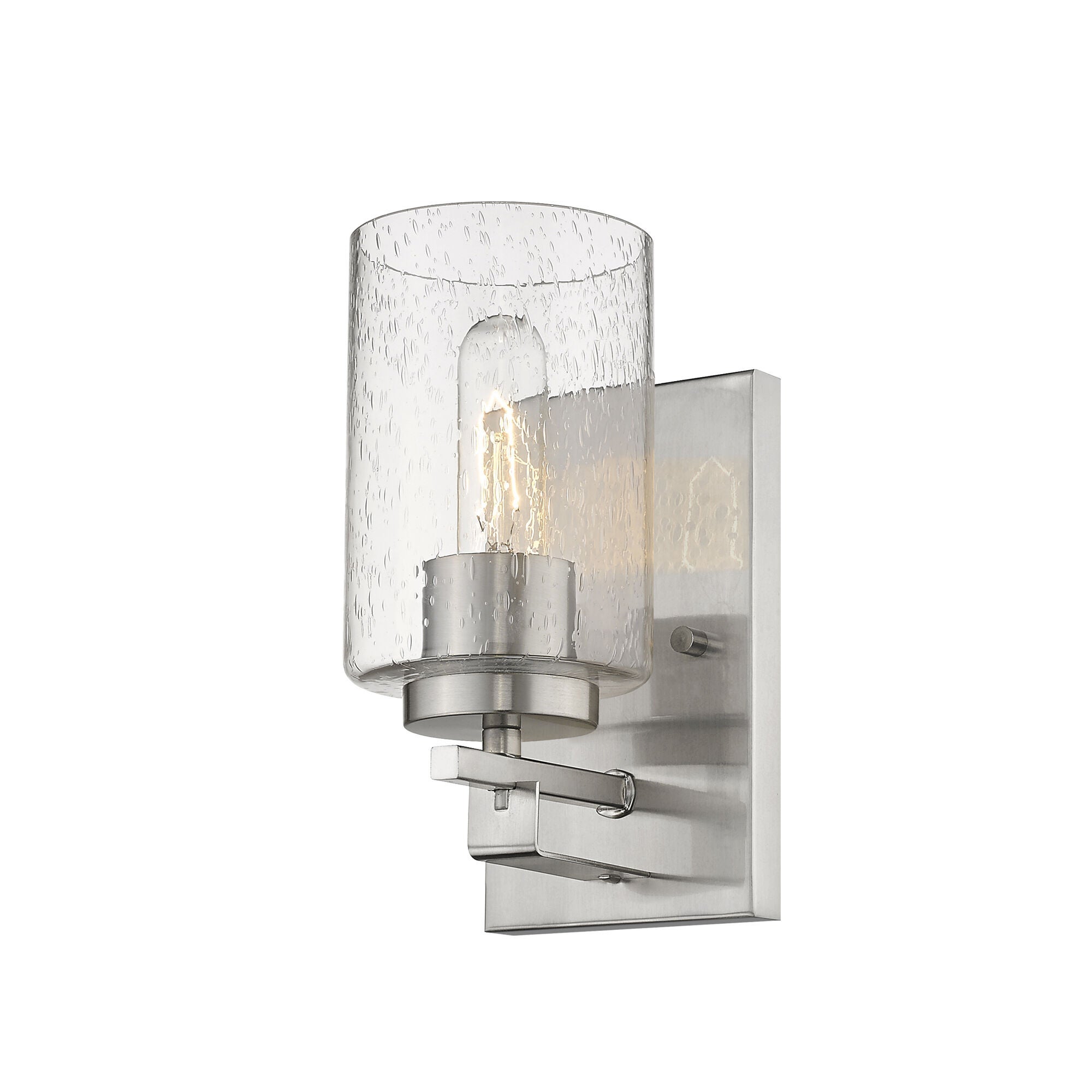 Shown in Satin Nickel finish and Clear glass and Clear, Seeded Cylindrical Glass shade