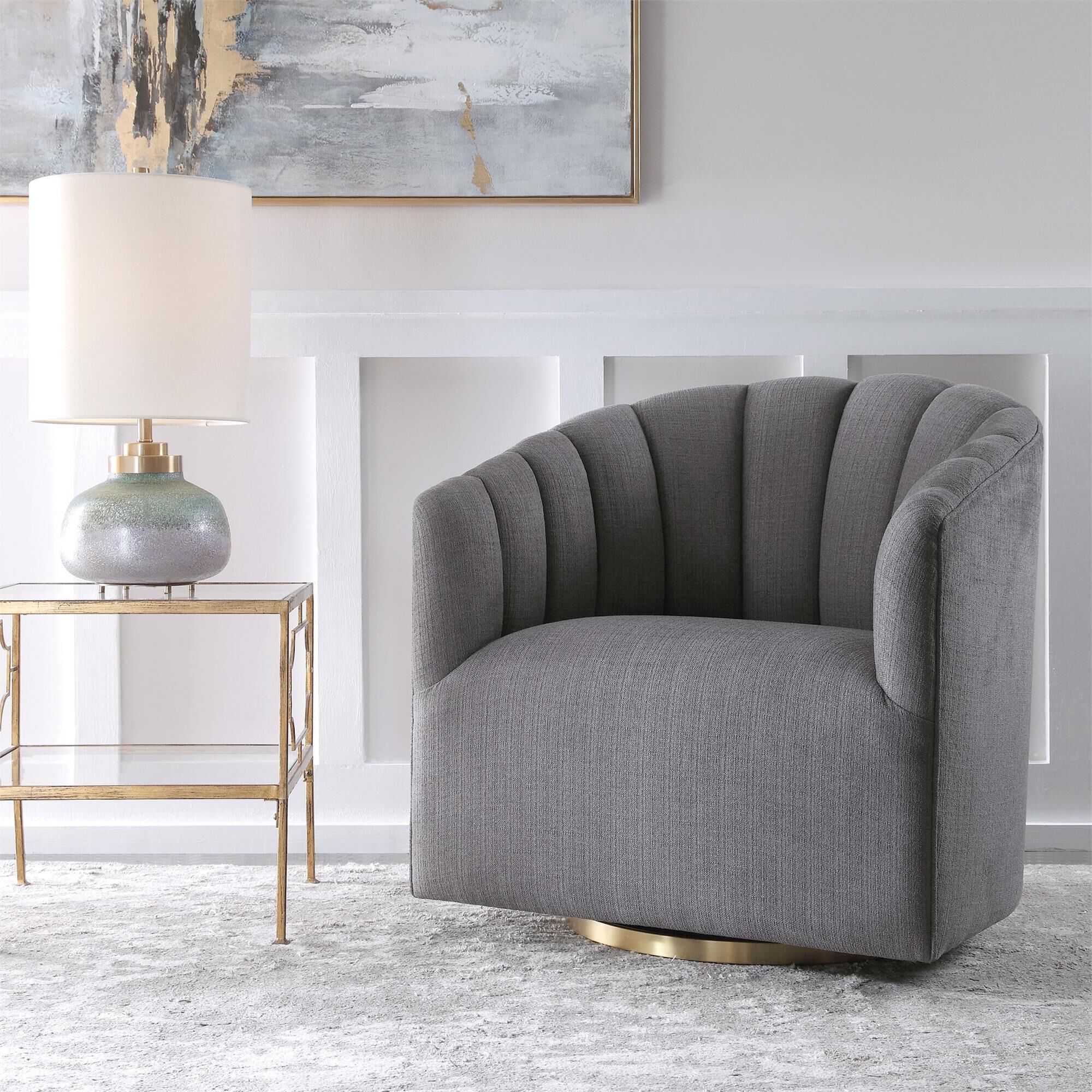 Shown in Modern Barrel Back Chair Is Covered In A Light Charcoal Gray Fabric With Deep Channel Tufting And We finish