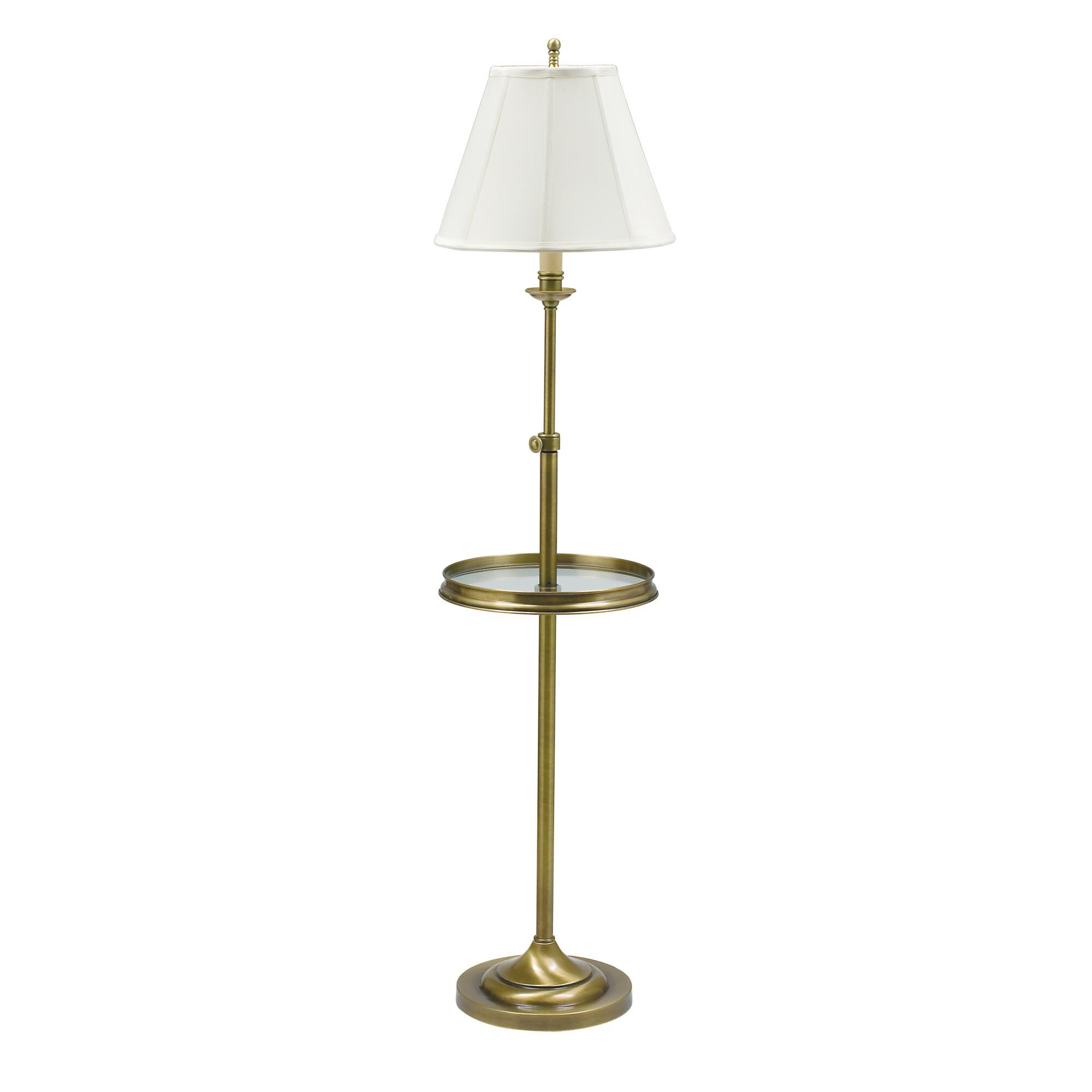 Shown in Antique Brass finish and Off-White Linen Softback shade